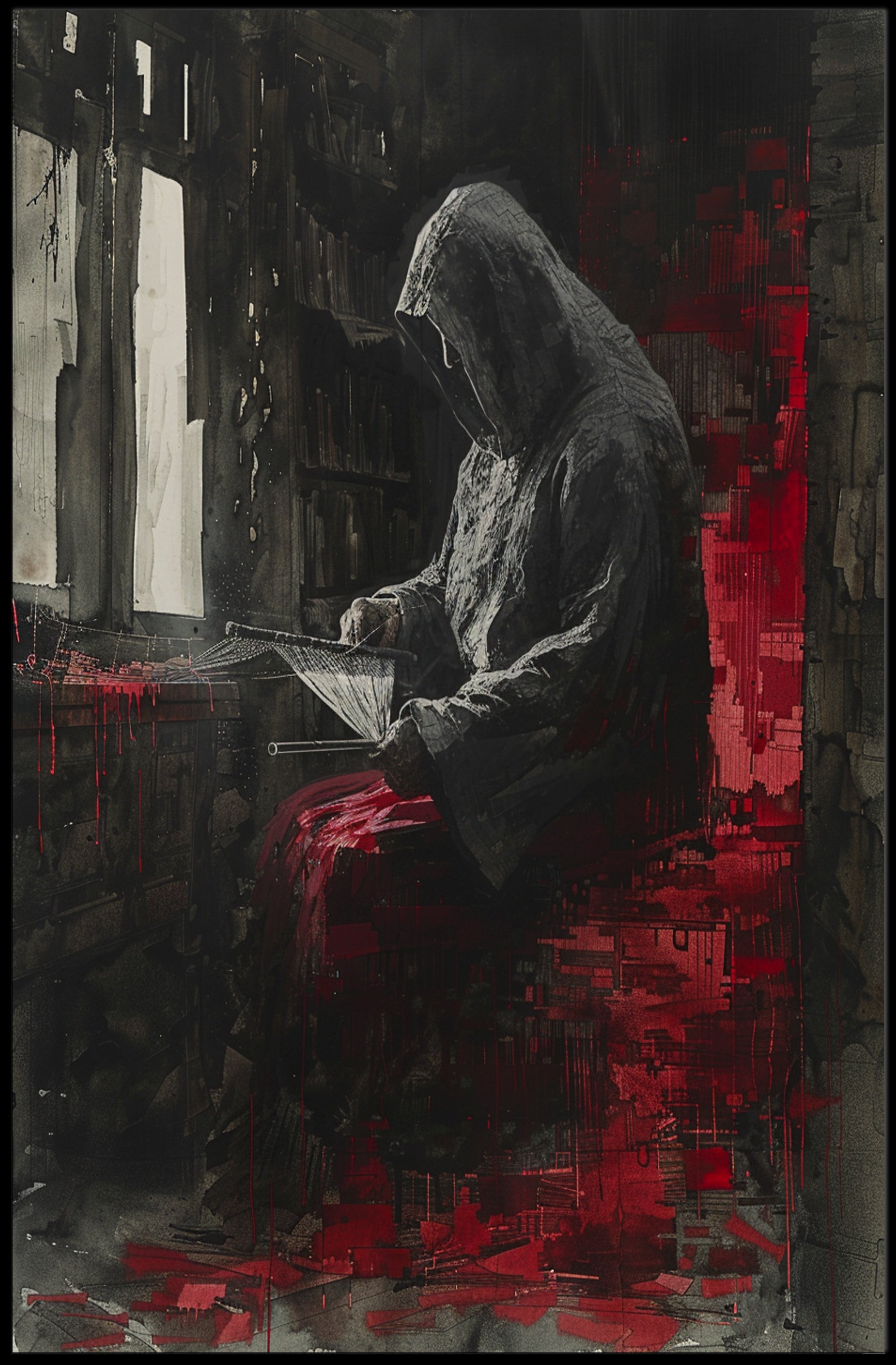 Hooded Figure in Gothic Library Fantasy or Mythology Poster PosterGoat