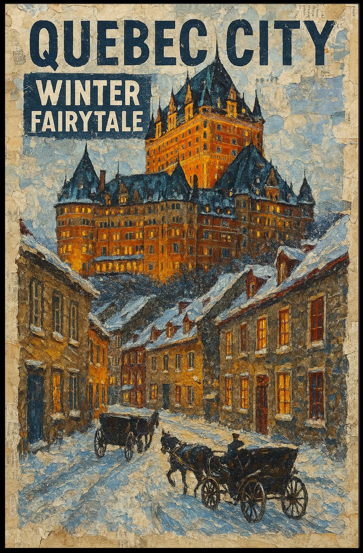 Quebec City Winter Fairytale Cityscape Landscape Illustration Poster