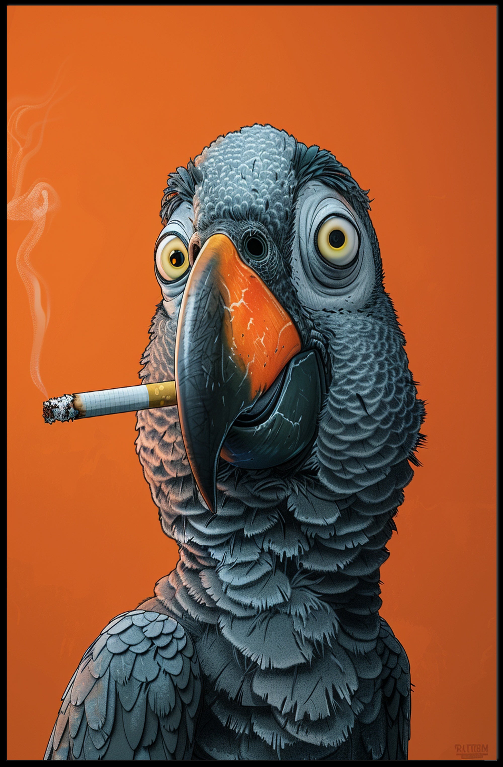 Stylized Parrot Cartoon with Cigarette Animal Poster PosterGoat