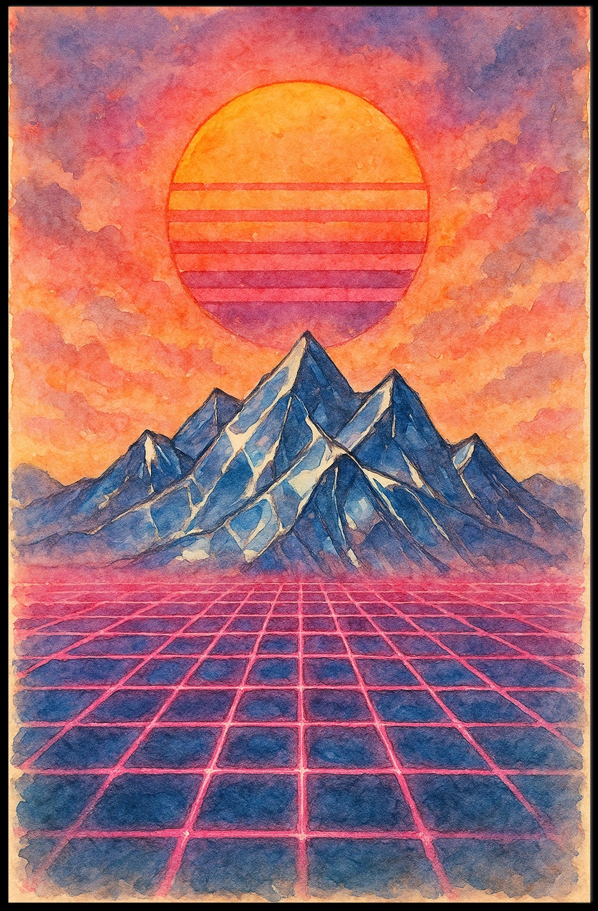 Retro-Futuristic Vaporwave Landscape with Neon Grid - Artistic Poster