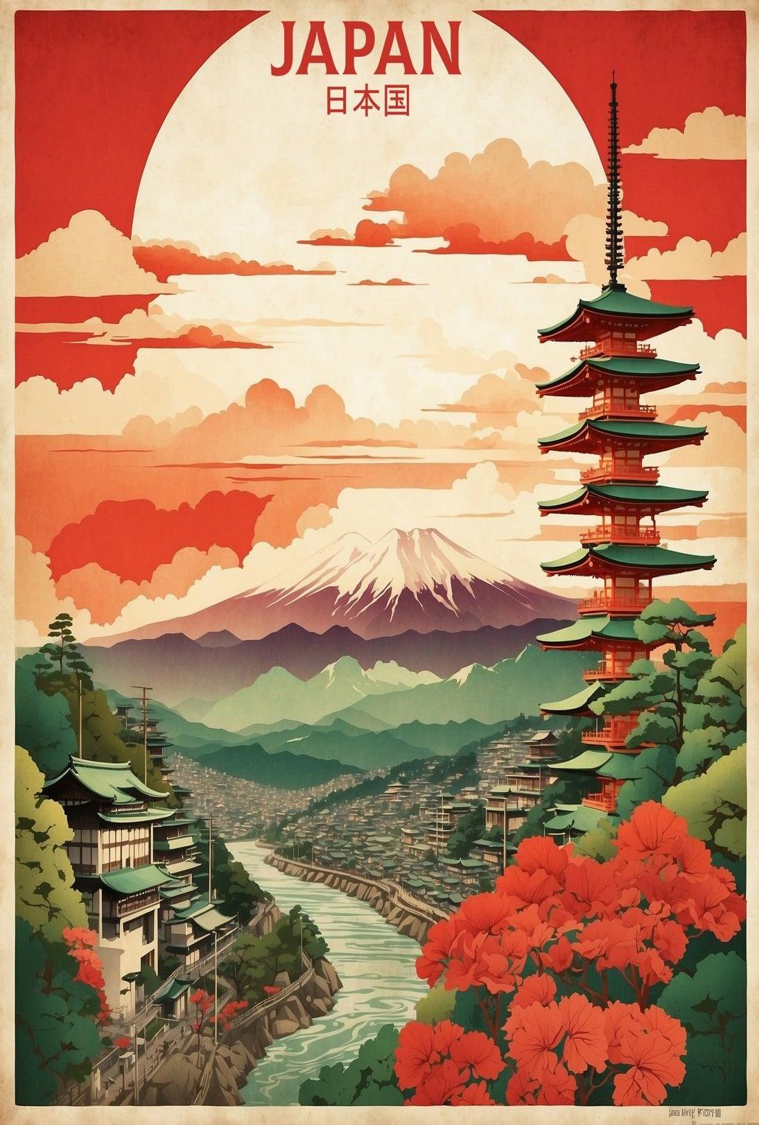 Vintage Travel Poster Featuring Japan's Mount Fuji and Pagoda