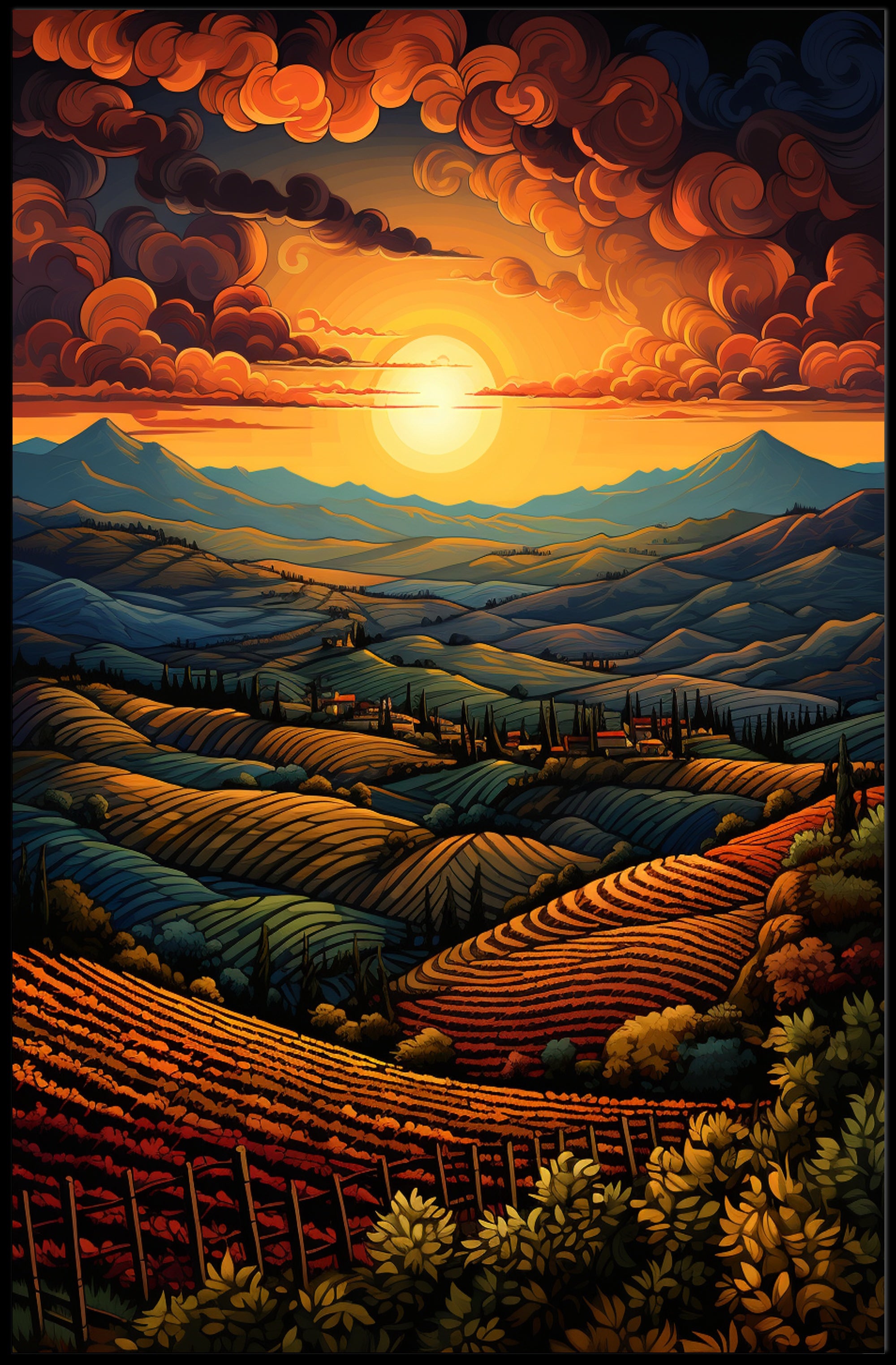 Sunset Over Rolling Hills Poster
