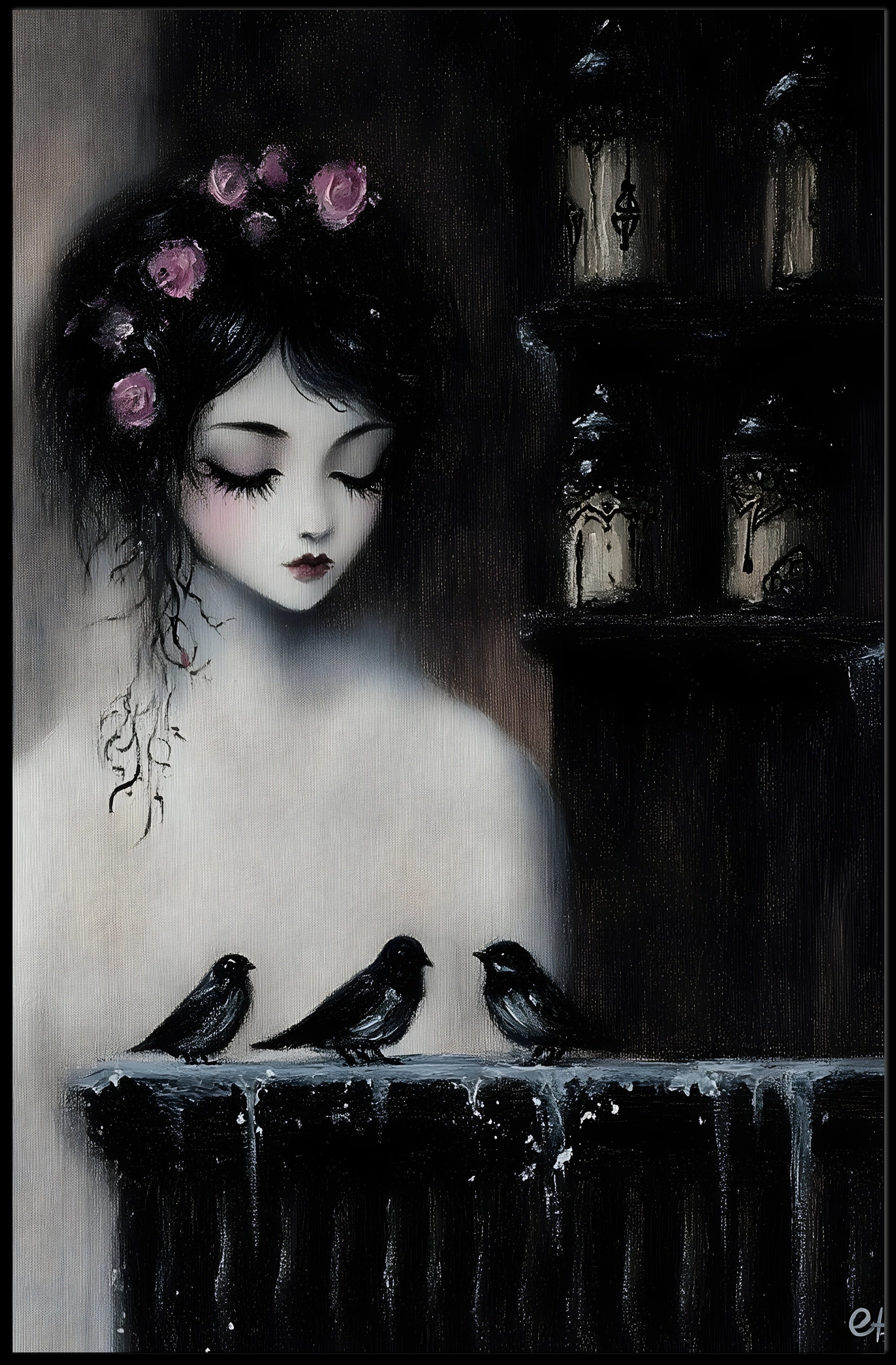 Ethereal Gothic Woman with Roses and Birds Poster PosterGoat