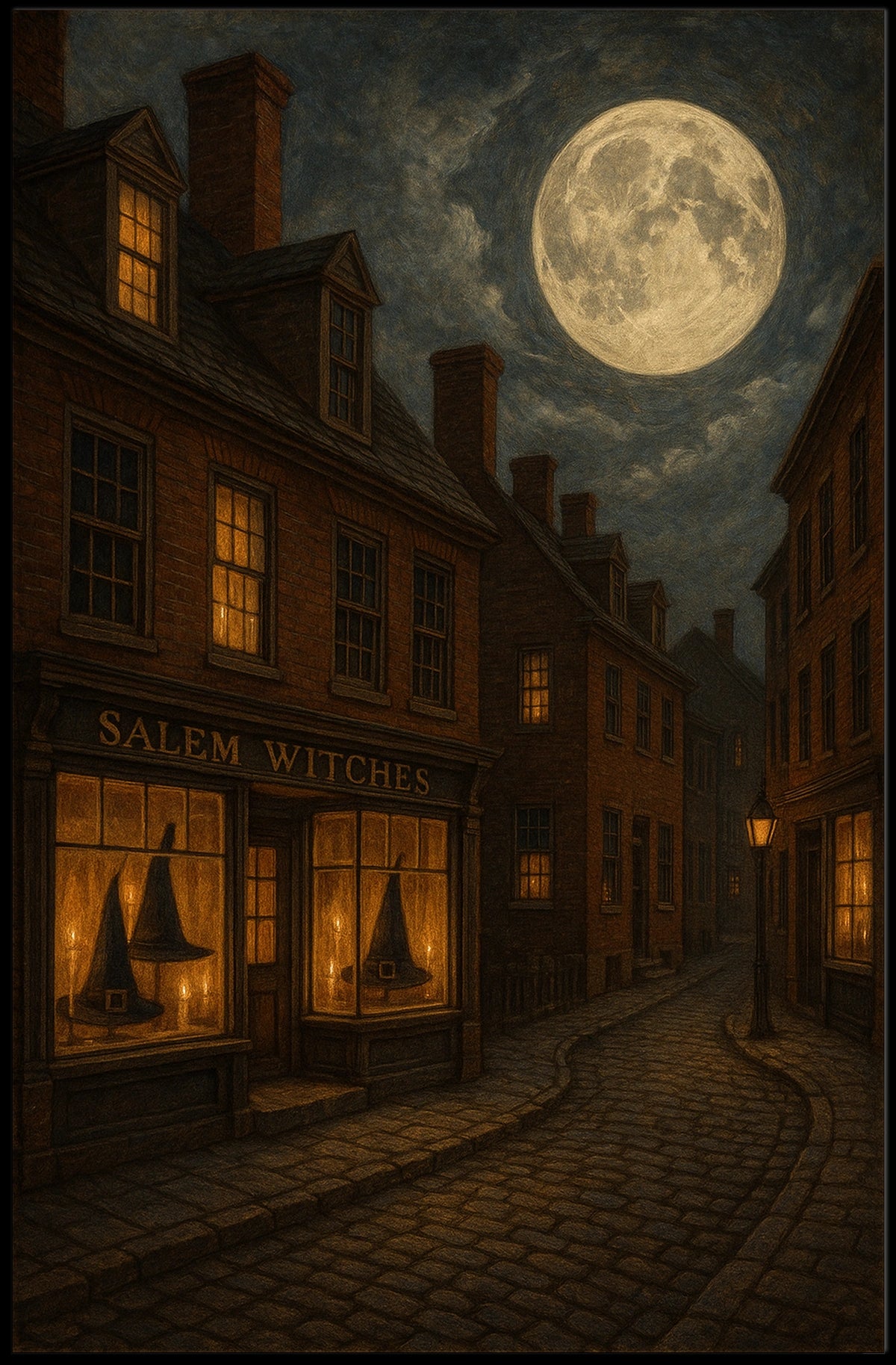 Salem Witchcraft Vintage Gothic Street Art Atmosphere Cobblestone Moonlit Historic Urban Collectors Poster