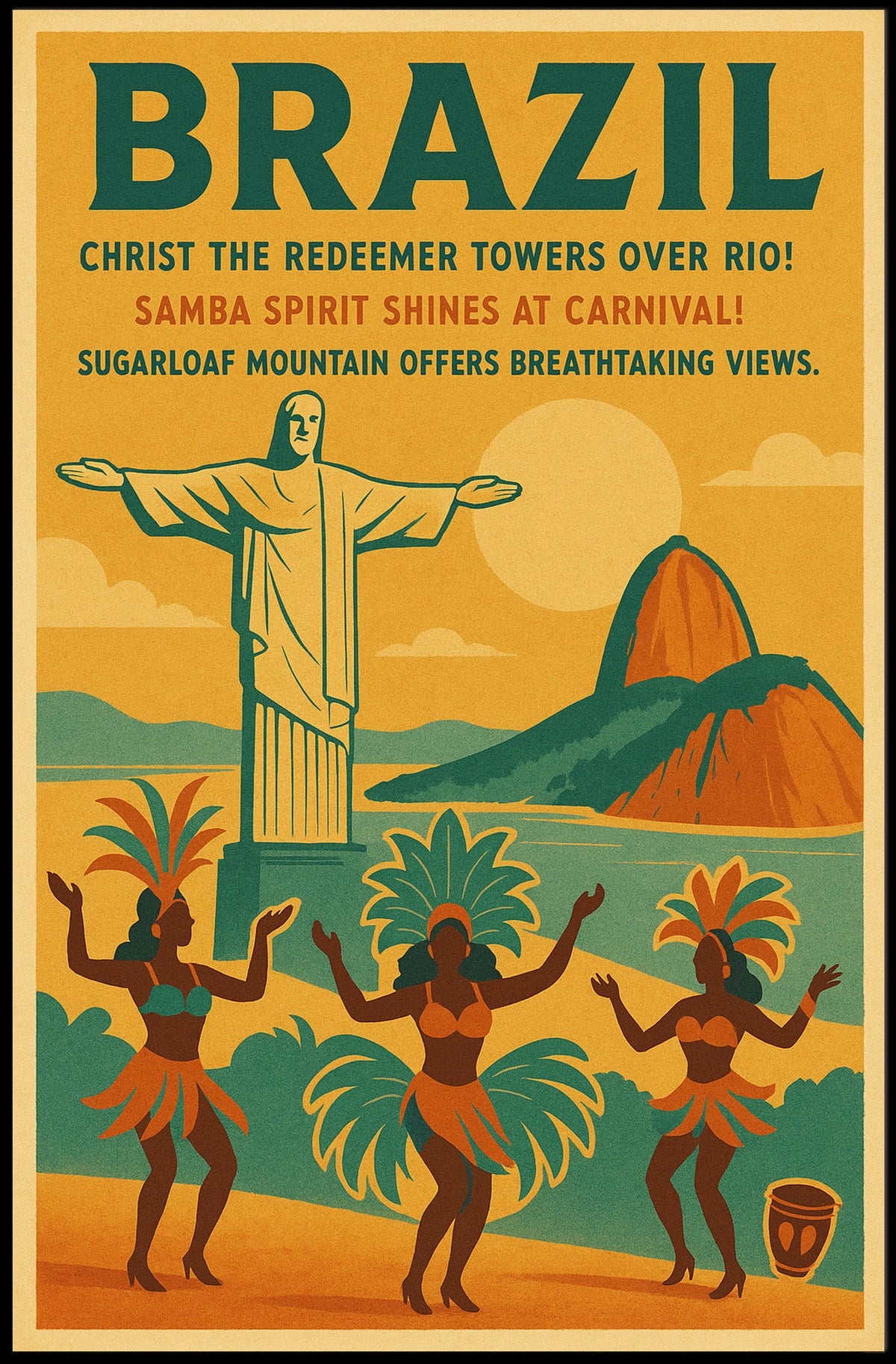 Brazil Vintage Travel Poster: Carnival & Christ the Redeemer