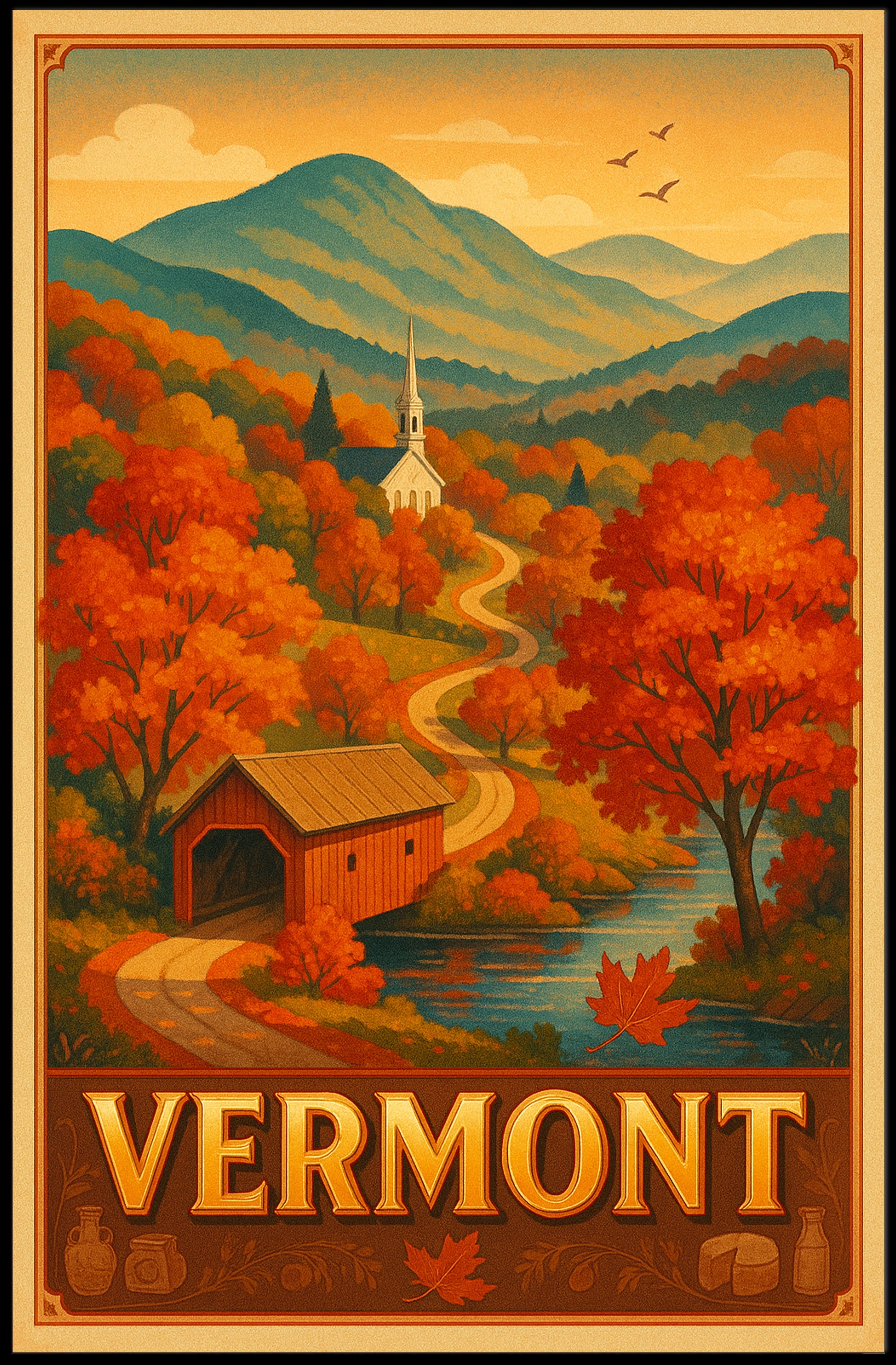 Vermont Autumn Landscape Poster Rustic Scenic Wall Art