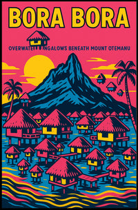 Bora Bora Vintage Travel Poster with Iconic Overwater Bungalows PosterGoat