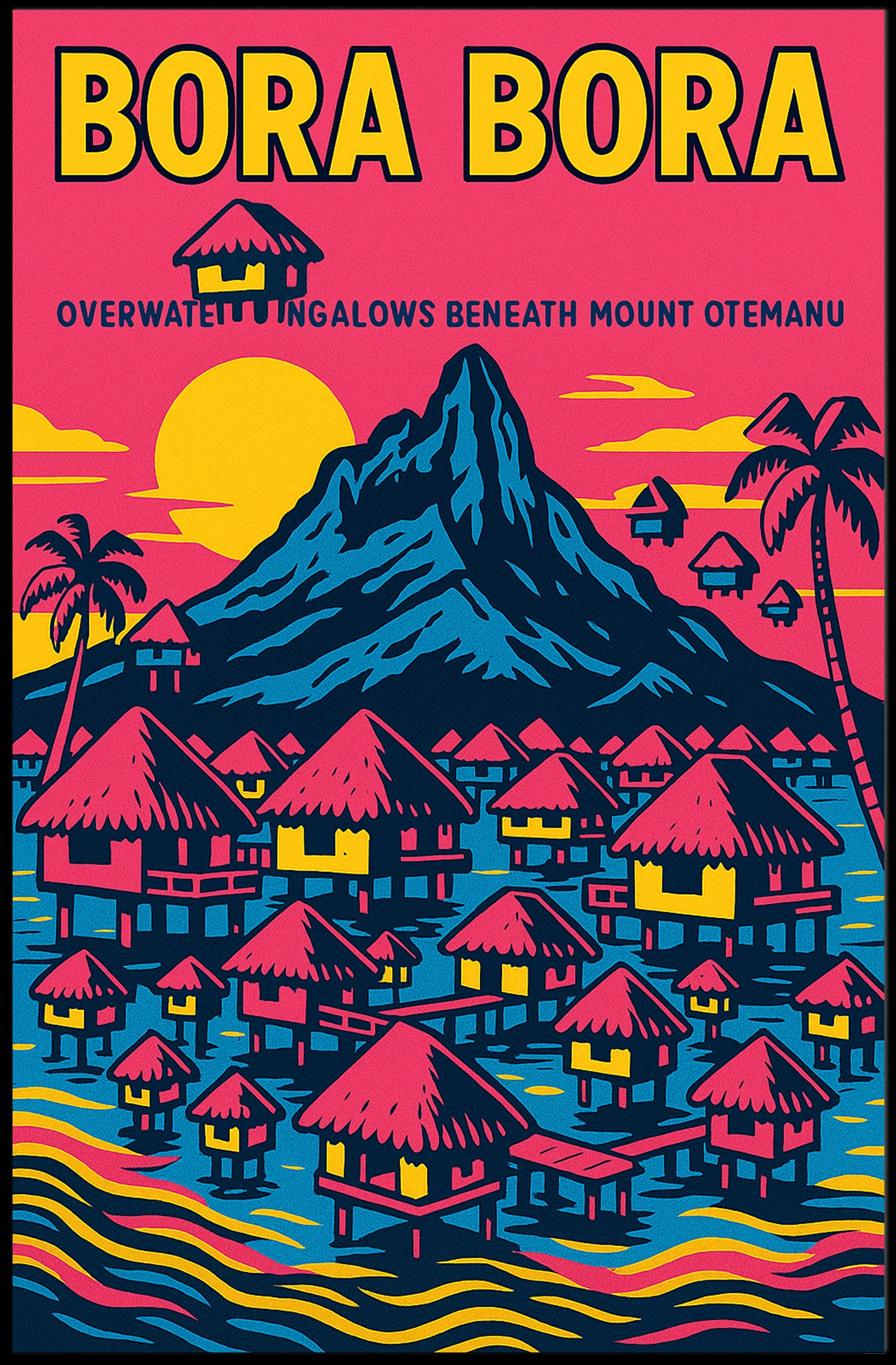 Bora Bora Vintage Travel Poster with Iconic Overwater Bungalows PosterGoat