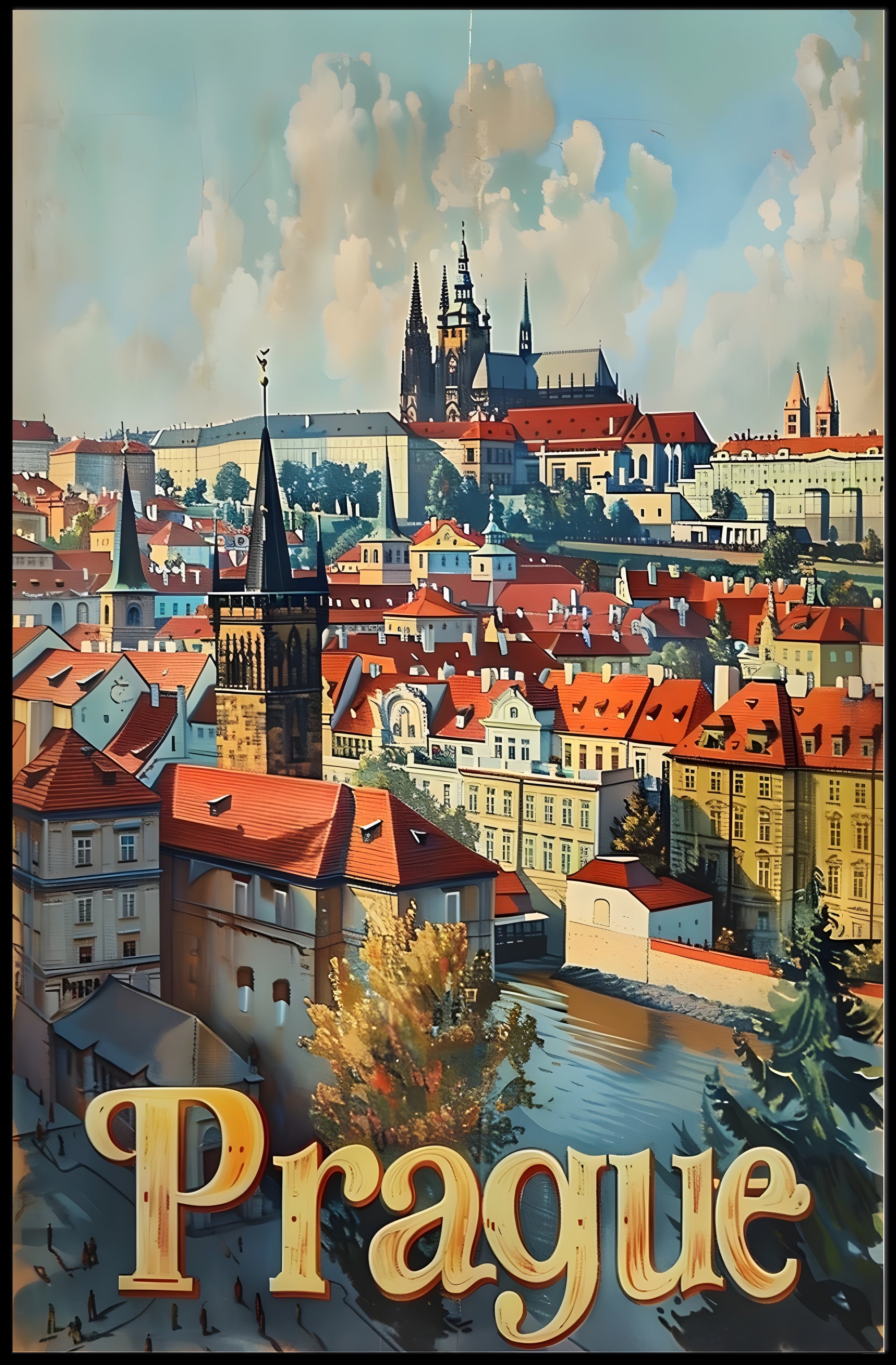 Prague Cityscape Vintage Travel Art Urban or Cityscape Poster