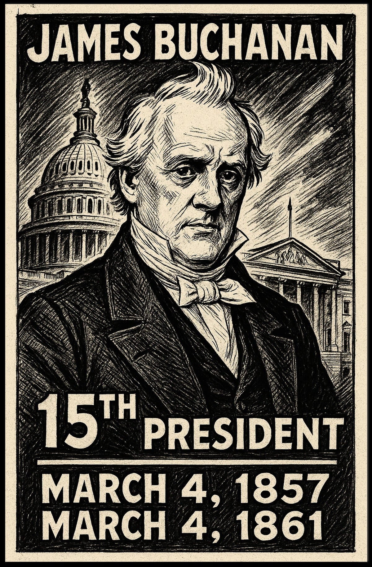 James Buchanan 15th President of the United States B & W Comic Sketch Poster