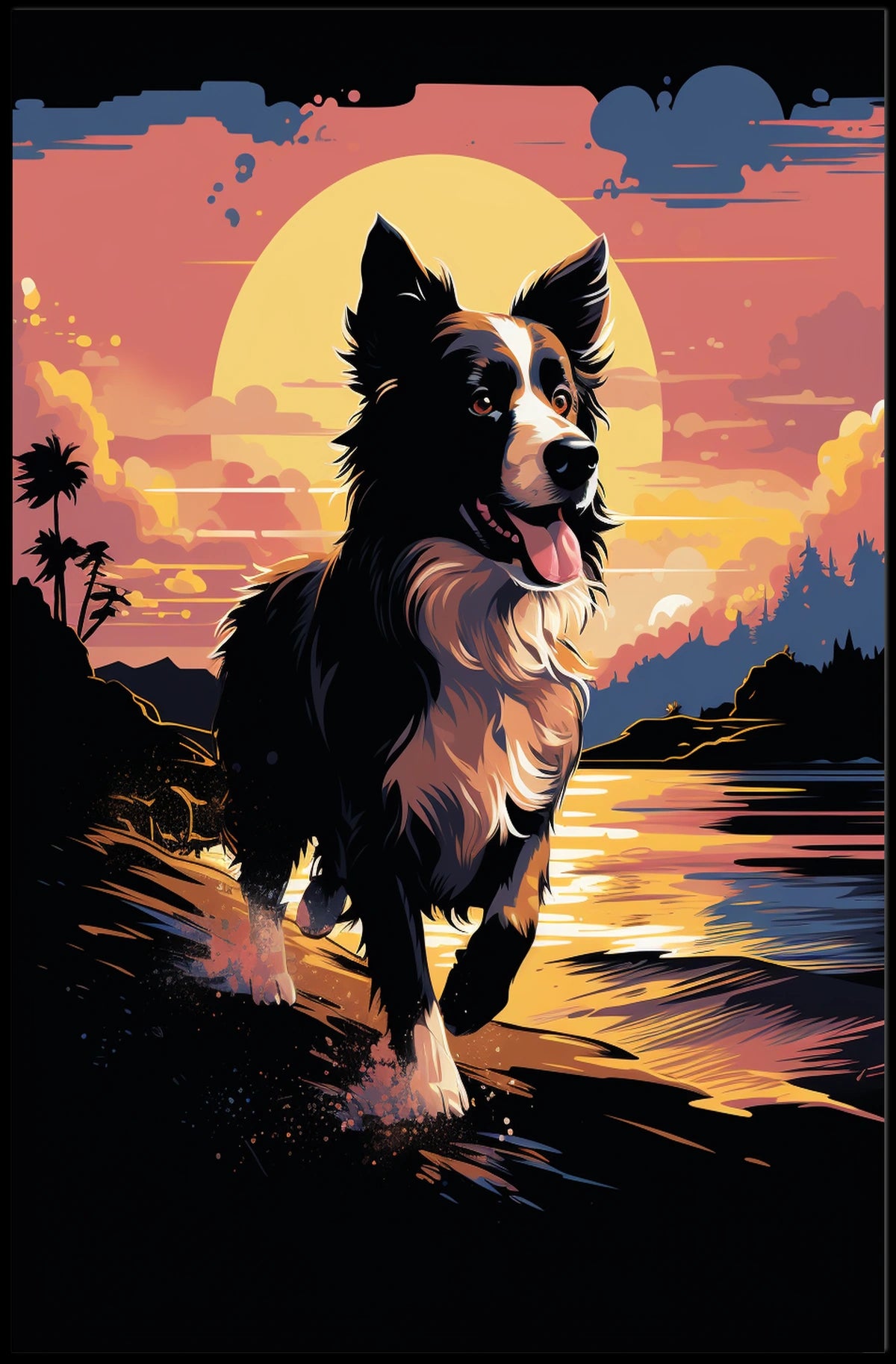 Running Dog at Sunset Shoreline Animal Poster