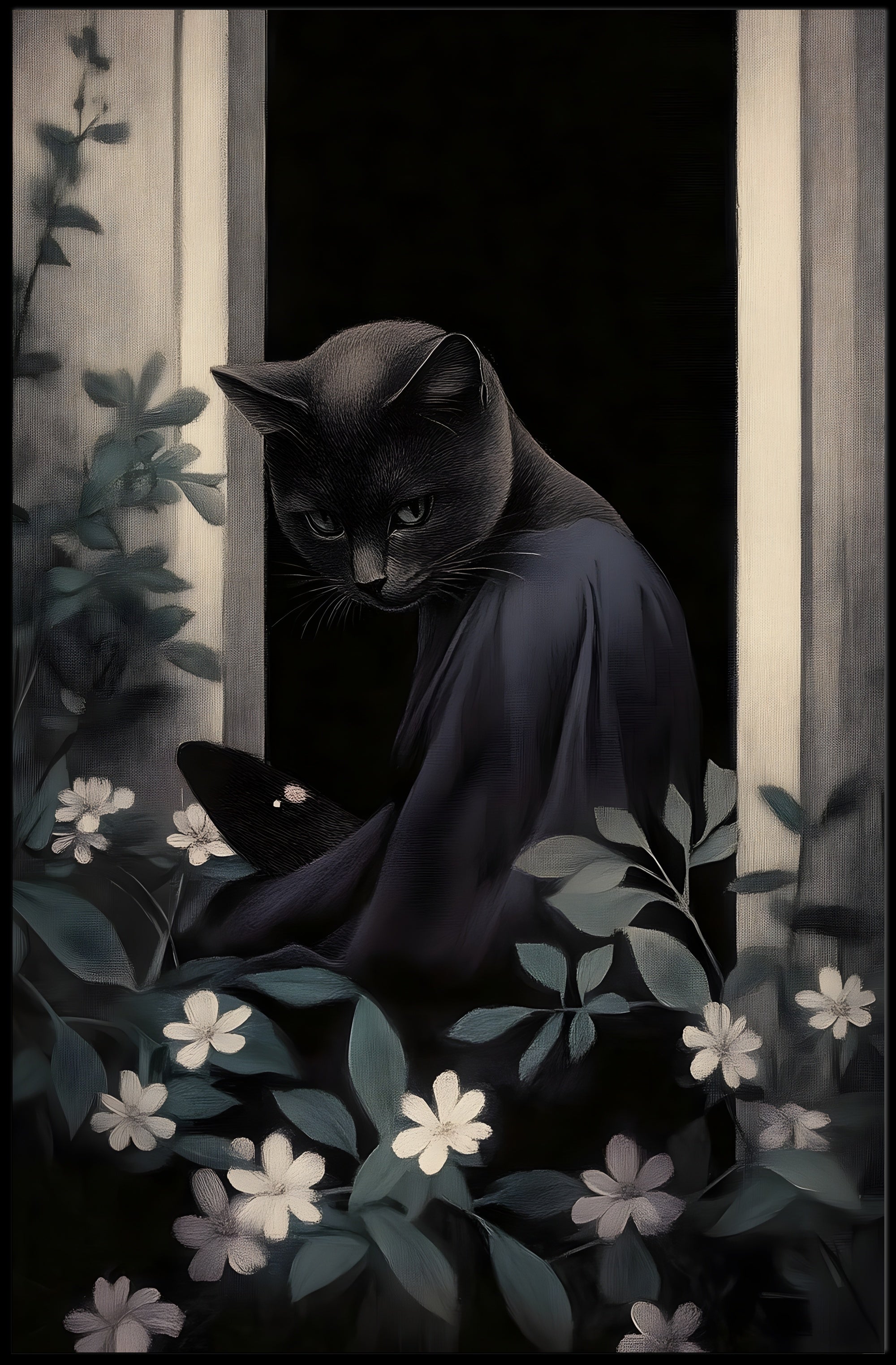 Mysterious Black Cat Window Nightscape Animal Poster PosterGoat