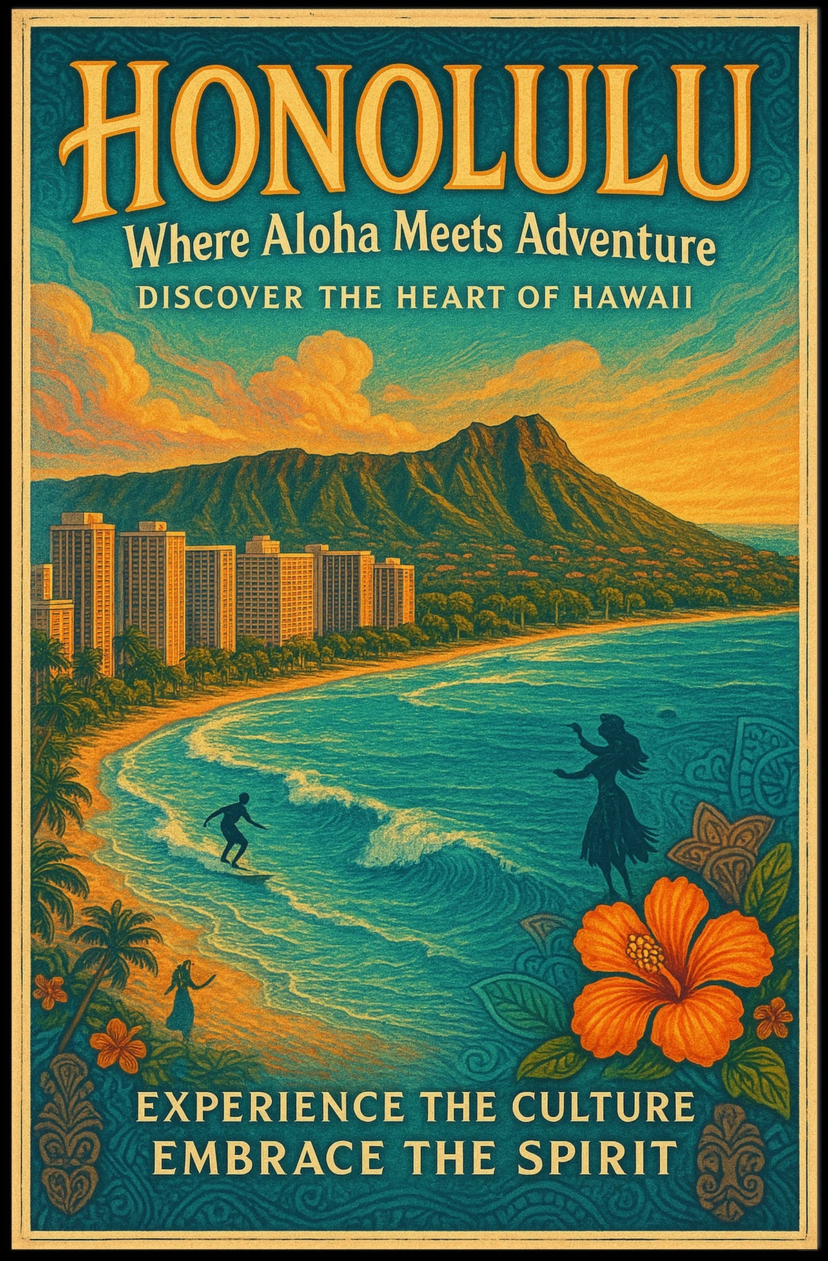 Honolulu Adventure Vintage Hawaiian Poster Print