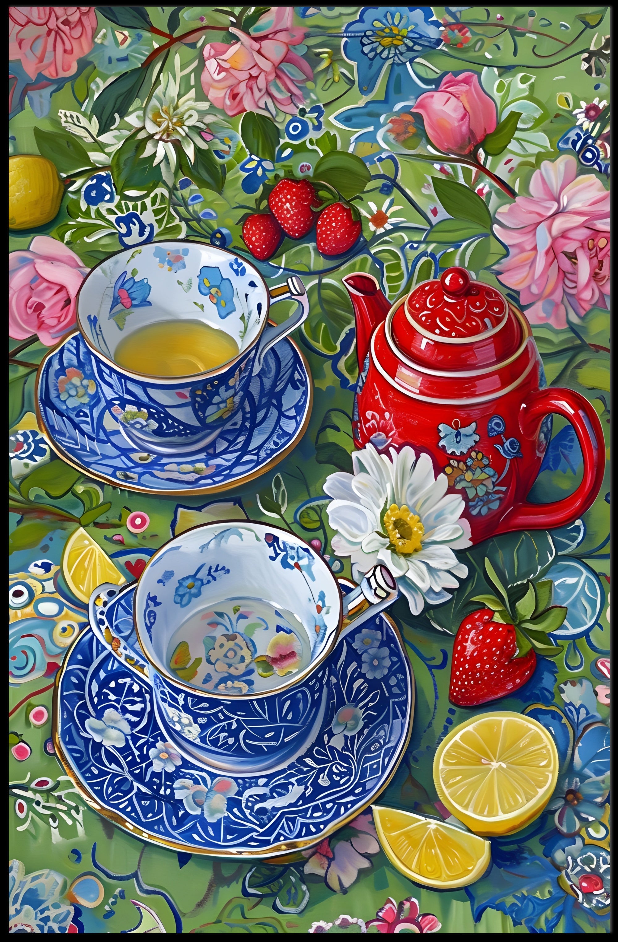 Vibrant Floral Tea Scene Poster with Artistic Poster PosterGoat