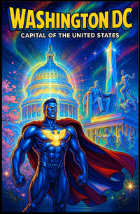 Superhero Patriotism in Washington DC Pop Culture Poster