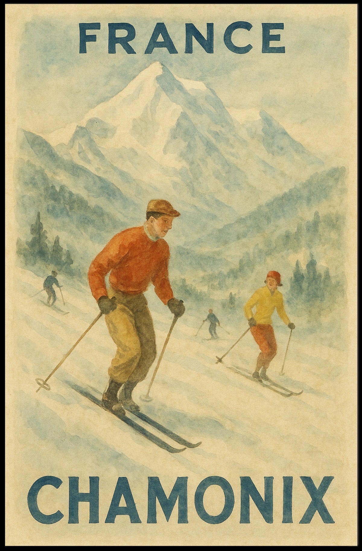 Chamonix Skiing Adventure Vintage Travel Poster