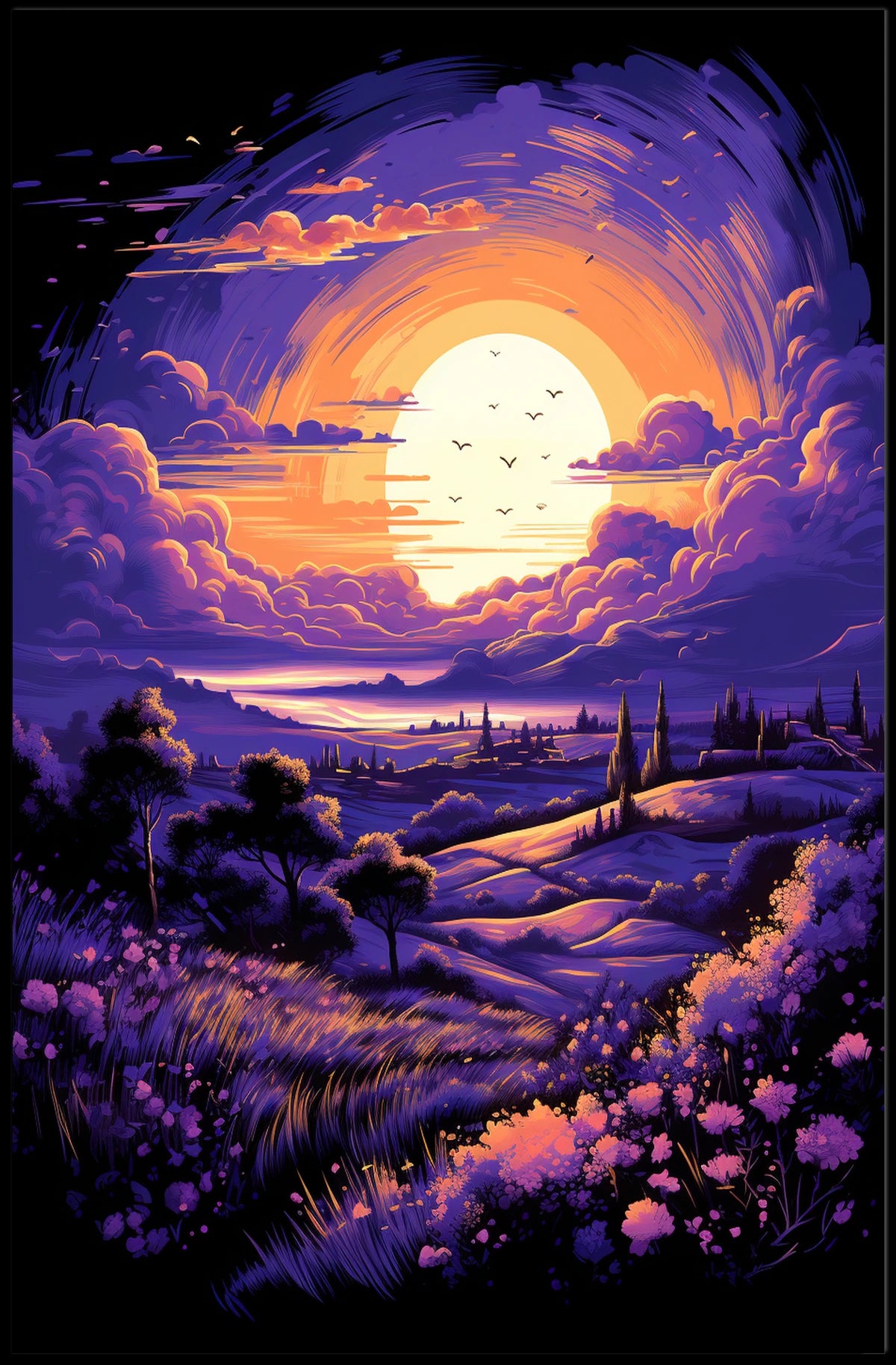 Serene Sunset Countryside Landscape Art Poster Print