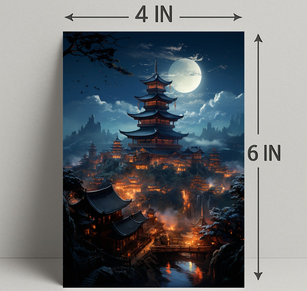 Moonlit Pagoda Village Poster