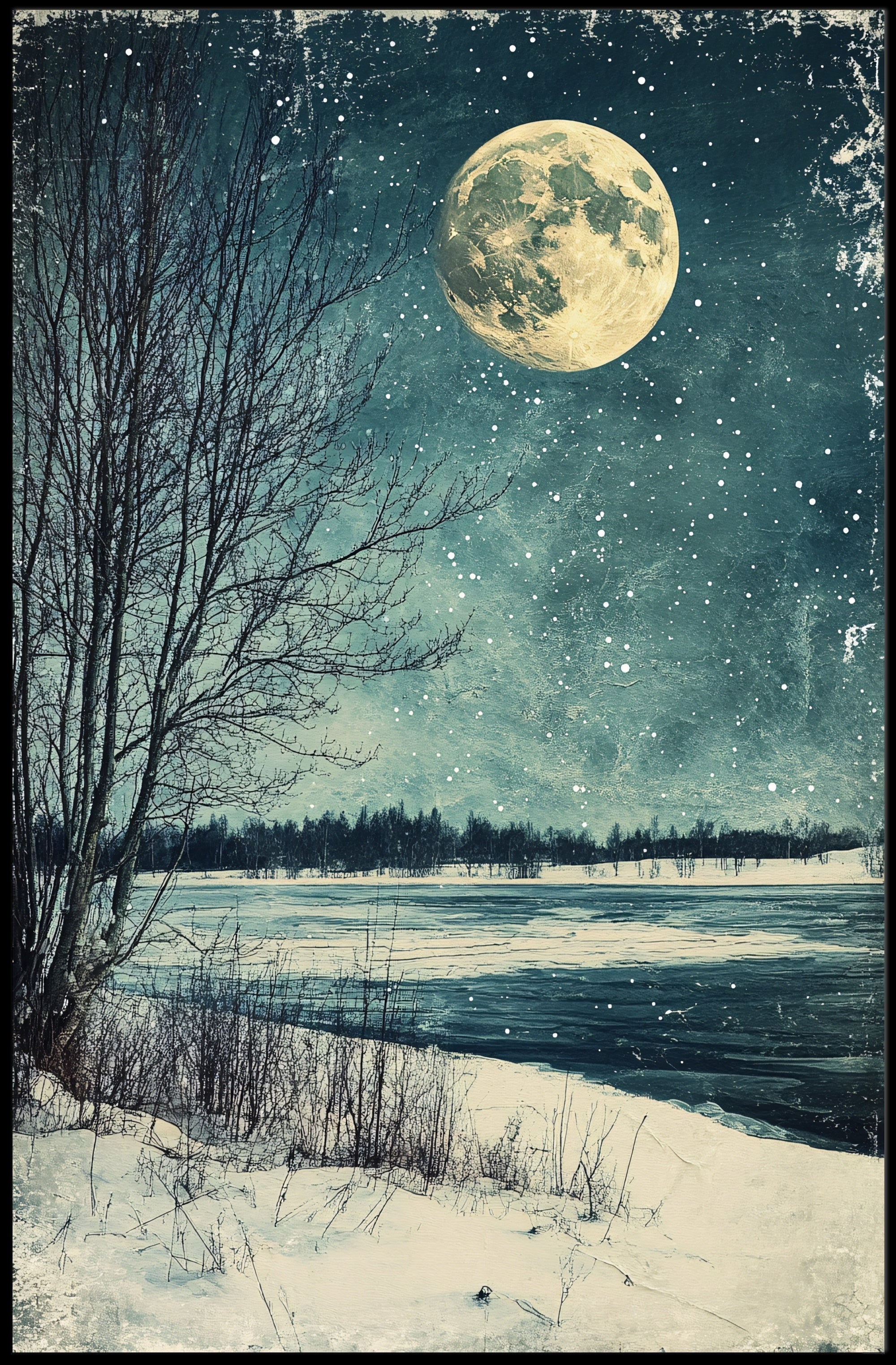 Serene Winter Moonlight Landscape Vintage Art Poster