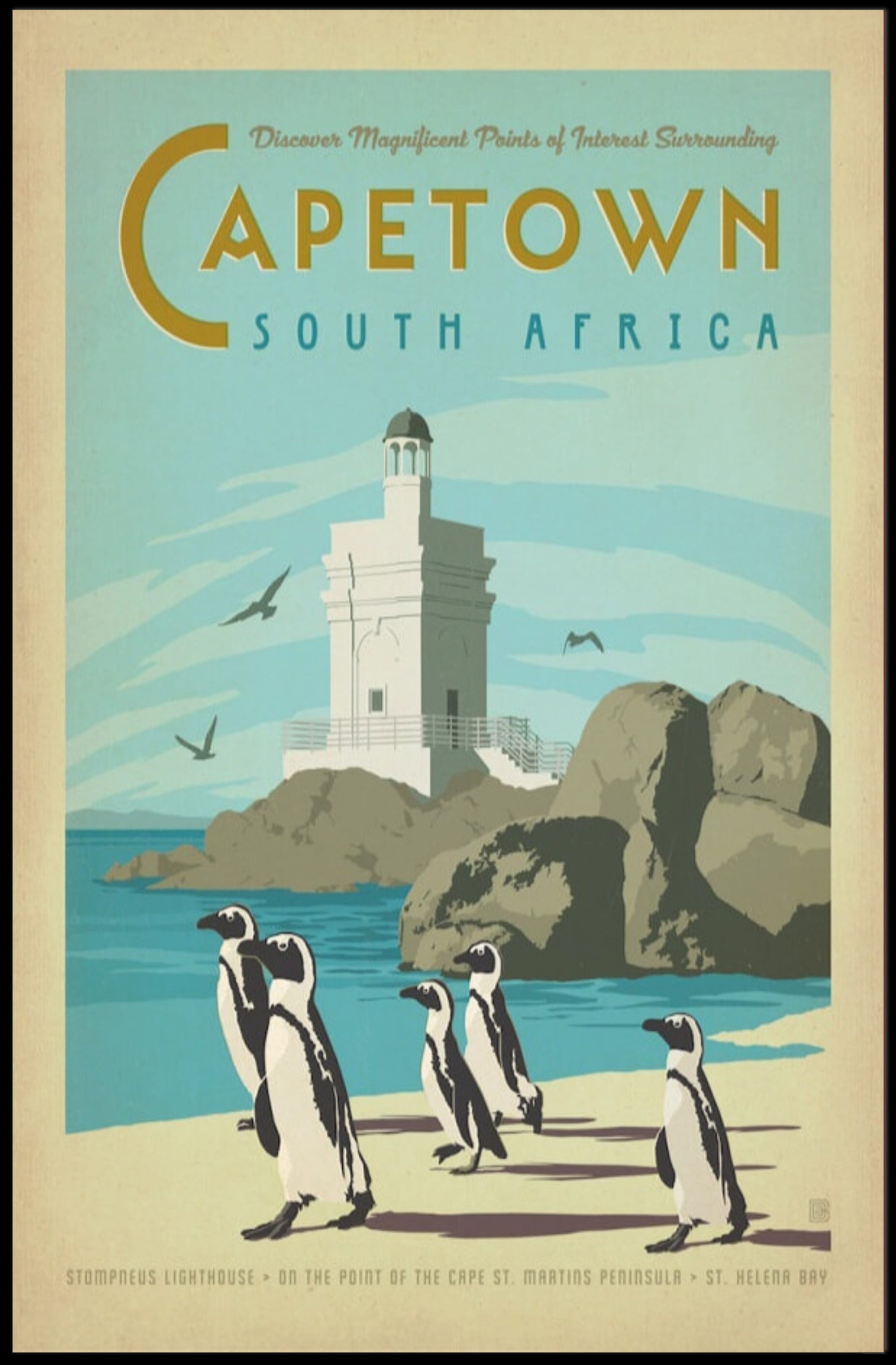Cape Town Lighthouse and Penguins Travel Poster PosterGoat