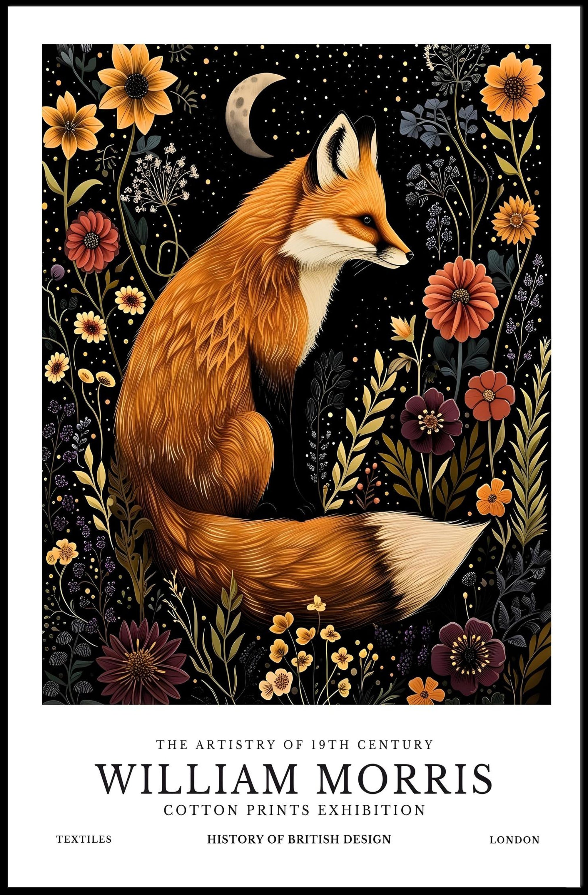 Fox and Floral Elegance Under Moonlit Night: Artistic Poster