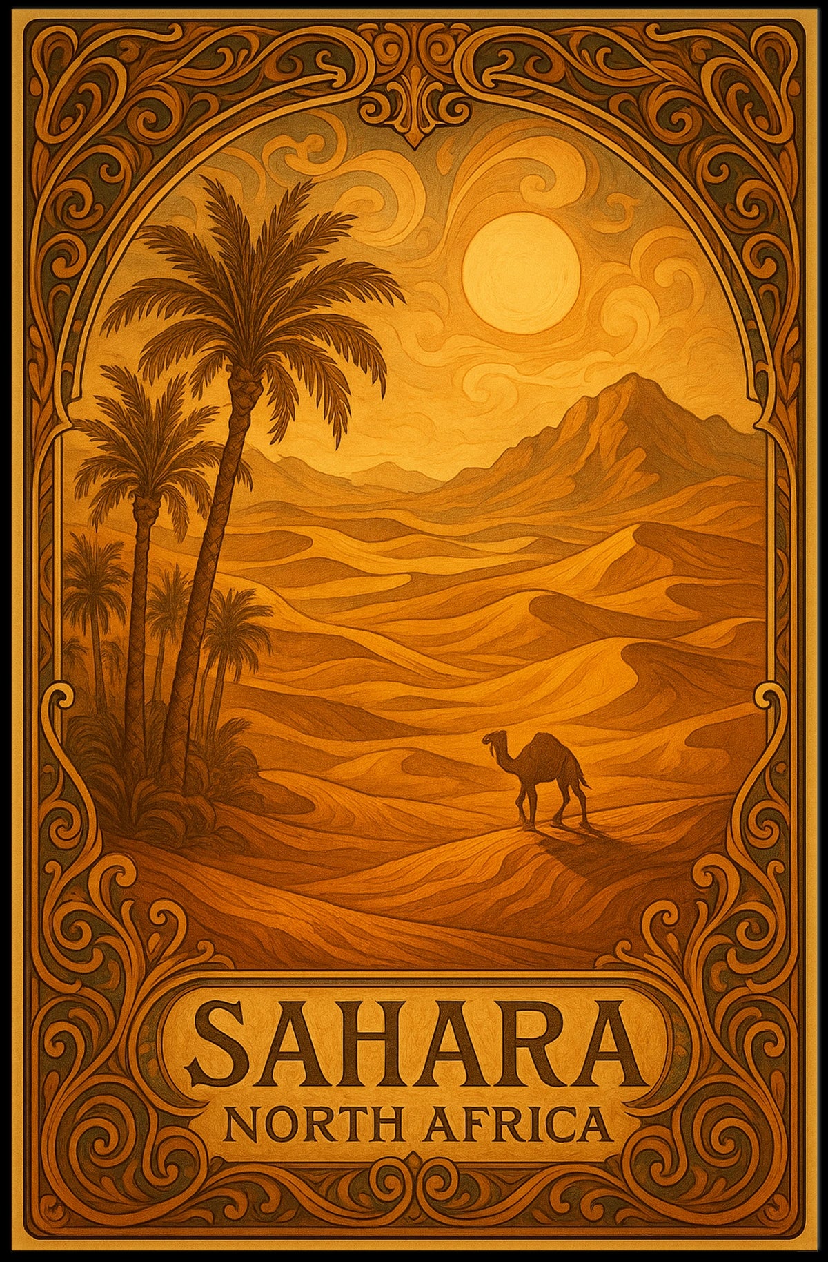 Sahara Sunset Vintage Travel Desert Camel Journey Art Deco Retro Eighties Poster
