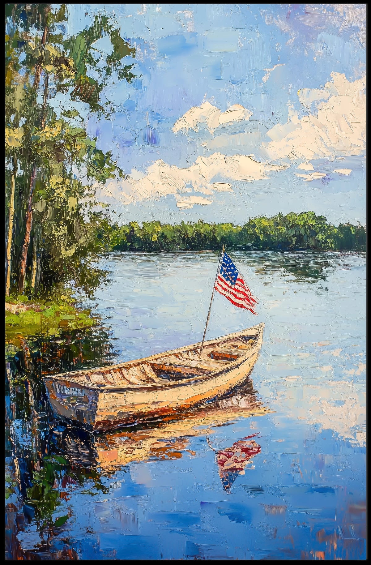 Tranquil Boat On A Calm Lake With American Flag Poster