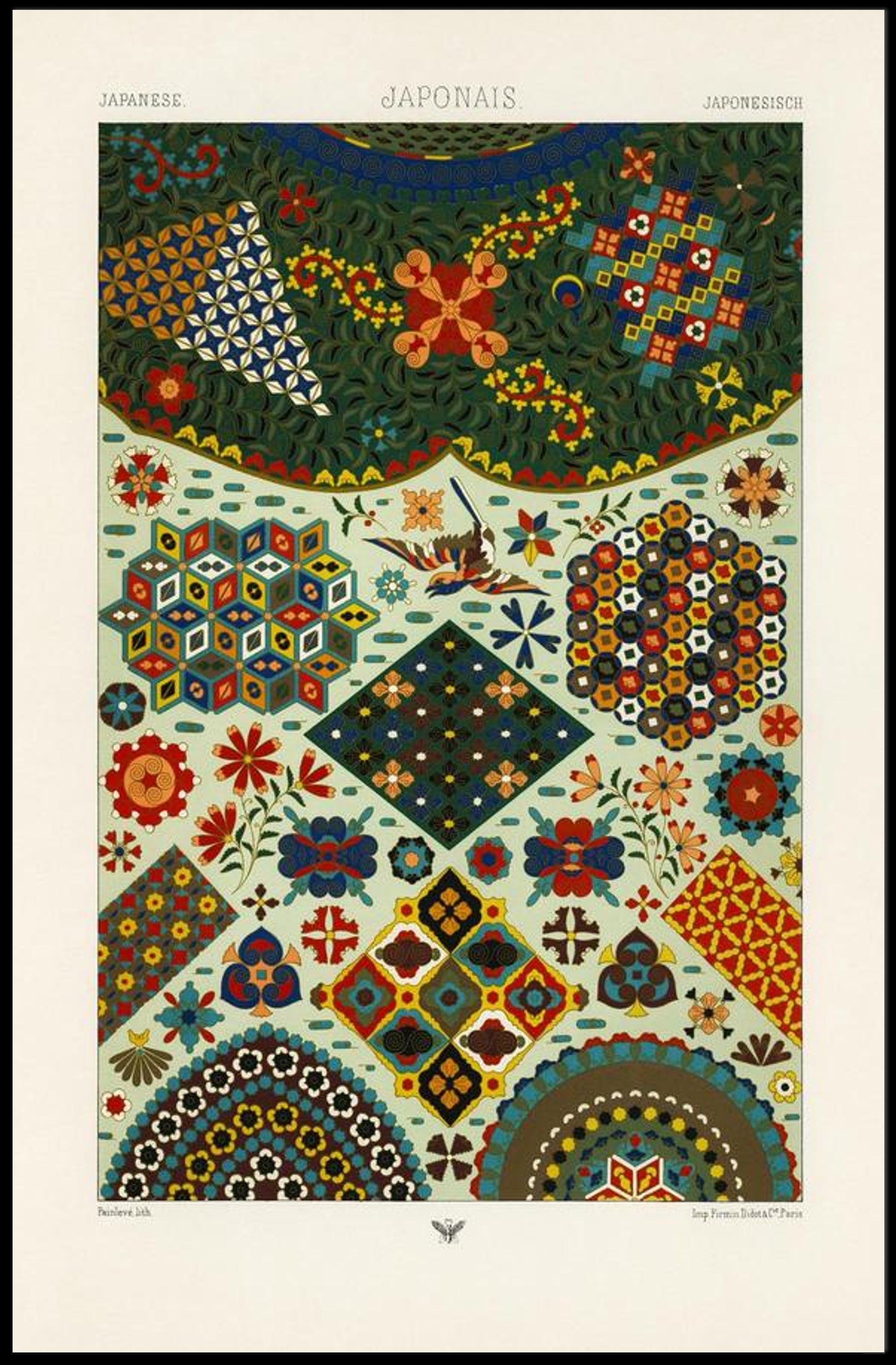 Japanese Pattern Harmony: Vibrant Geometrical and Floral Tapestry Poster