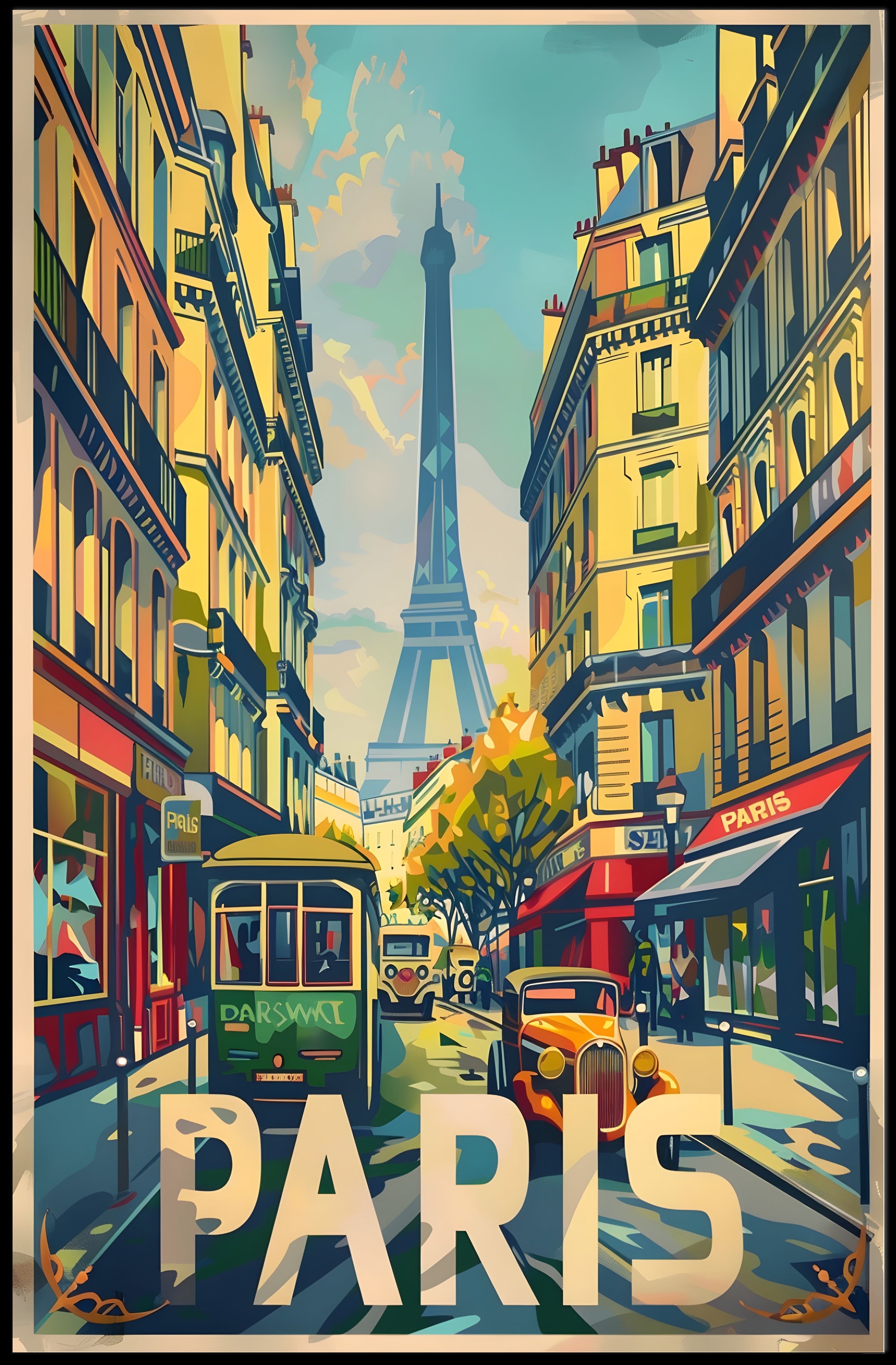 Vintage Parisian Street with Eiffel Tower Travel Poster