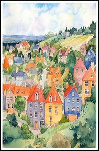 Colorful Hillside Village Poster PosterGoat