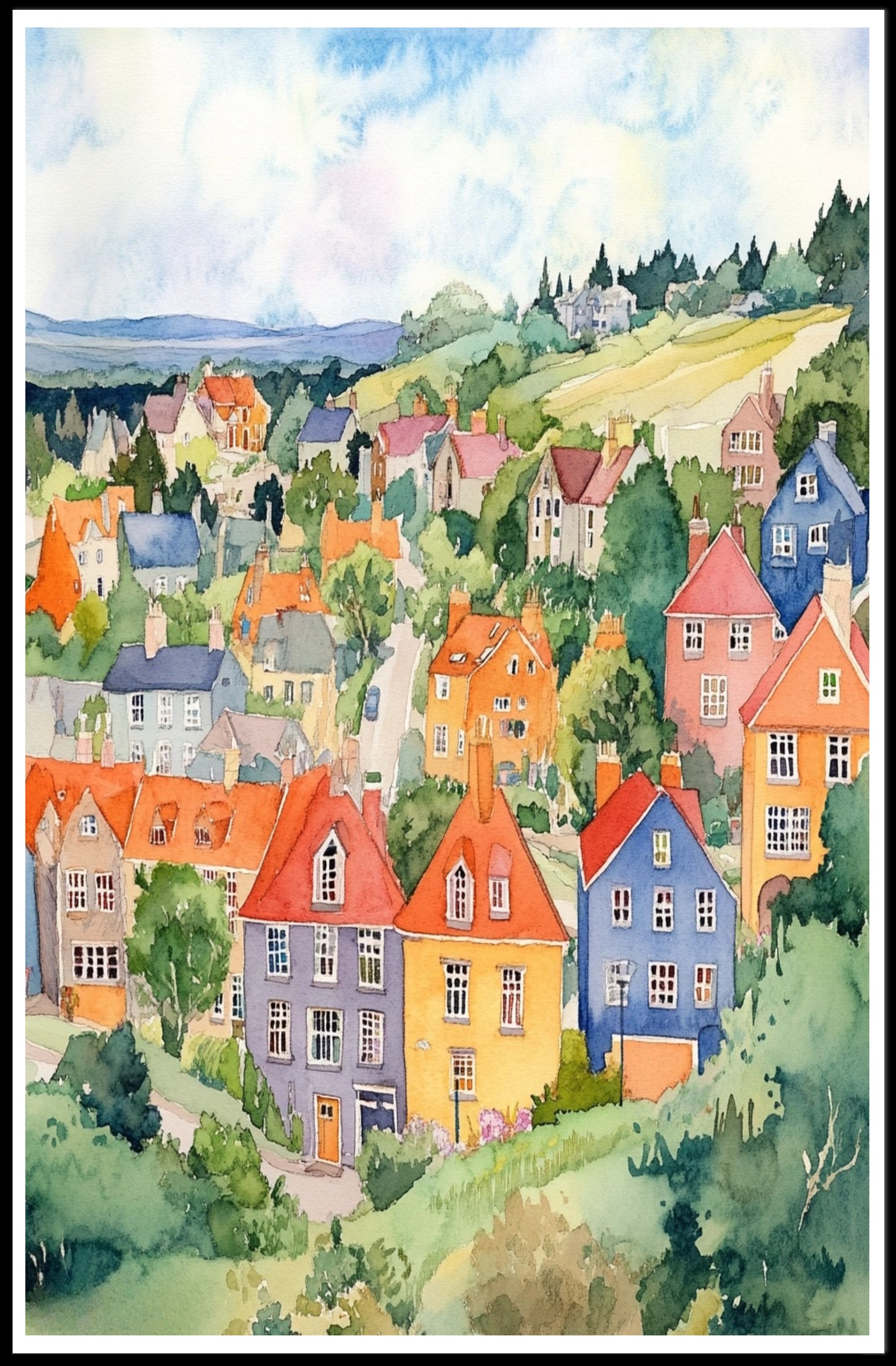 Colorful Hillside Village Poster PosterGoat
