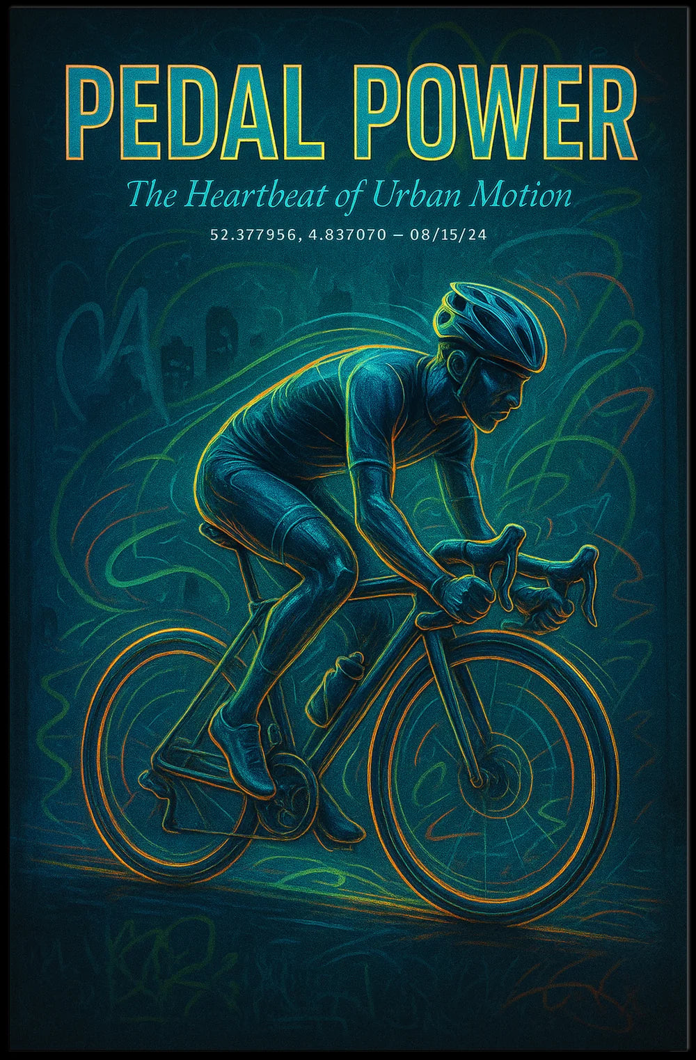 Dynamic Neon Urban Cyclist Art Print - Urban or Cityscape Poster PosterGoat
