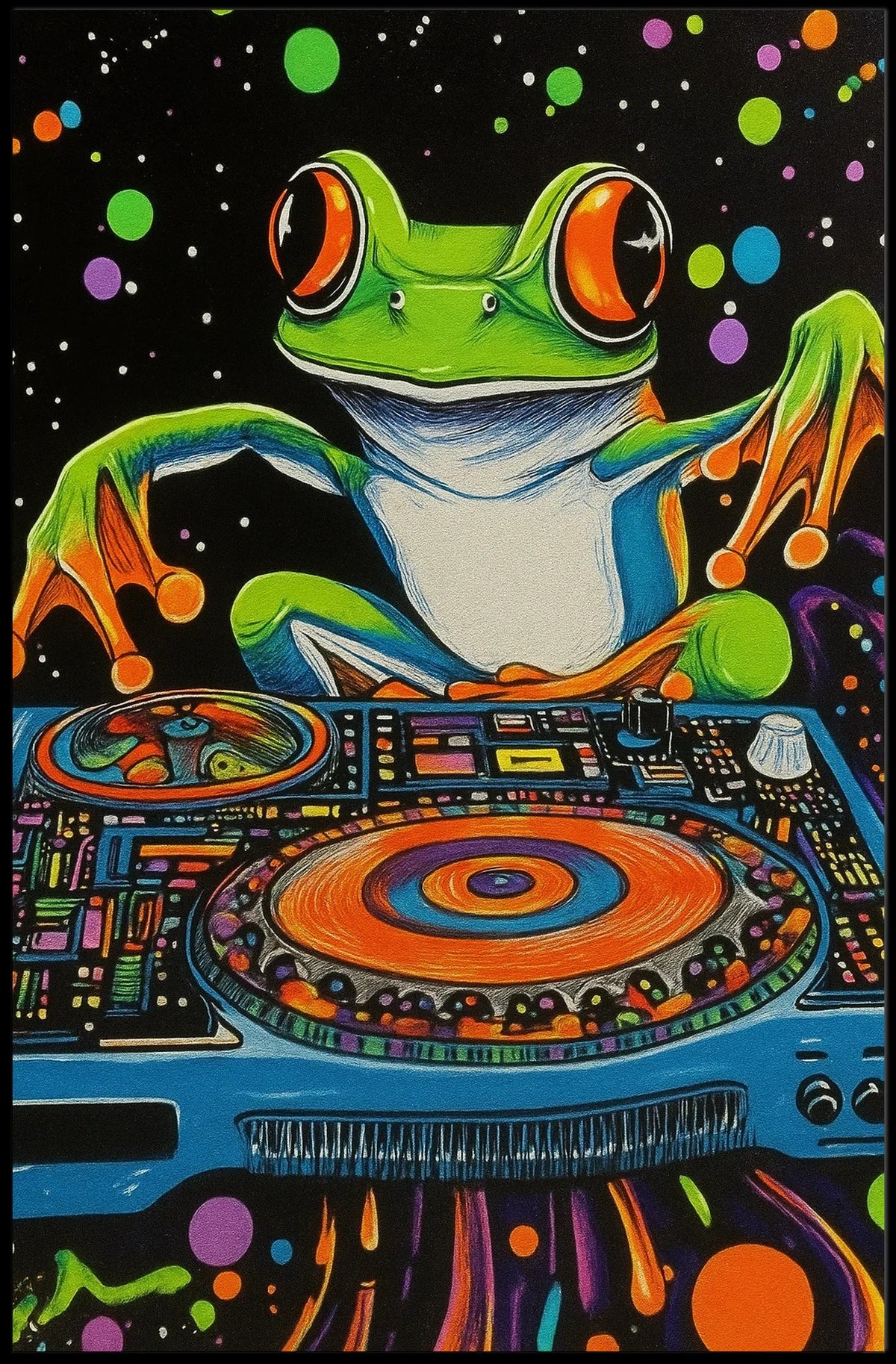 The poster is a vibrant and psychedelic illustration featuring a large, cartoonish frog Travel Poster