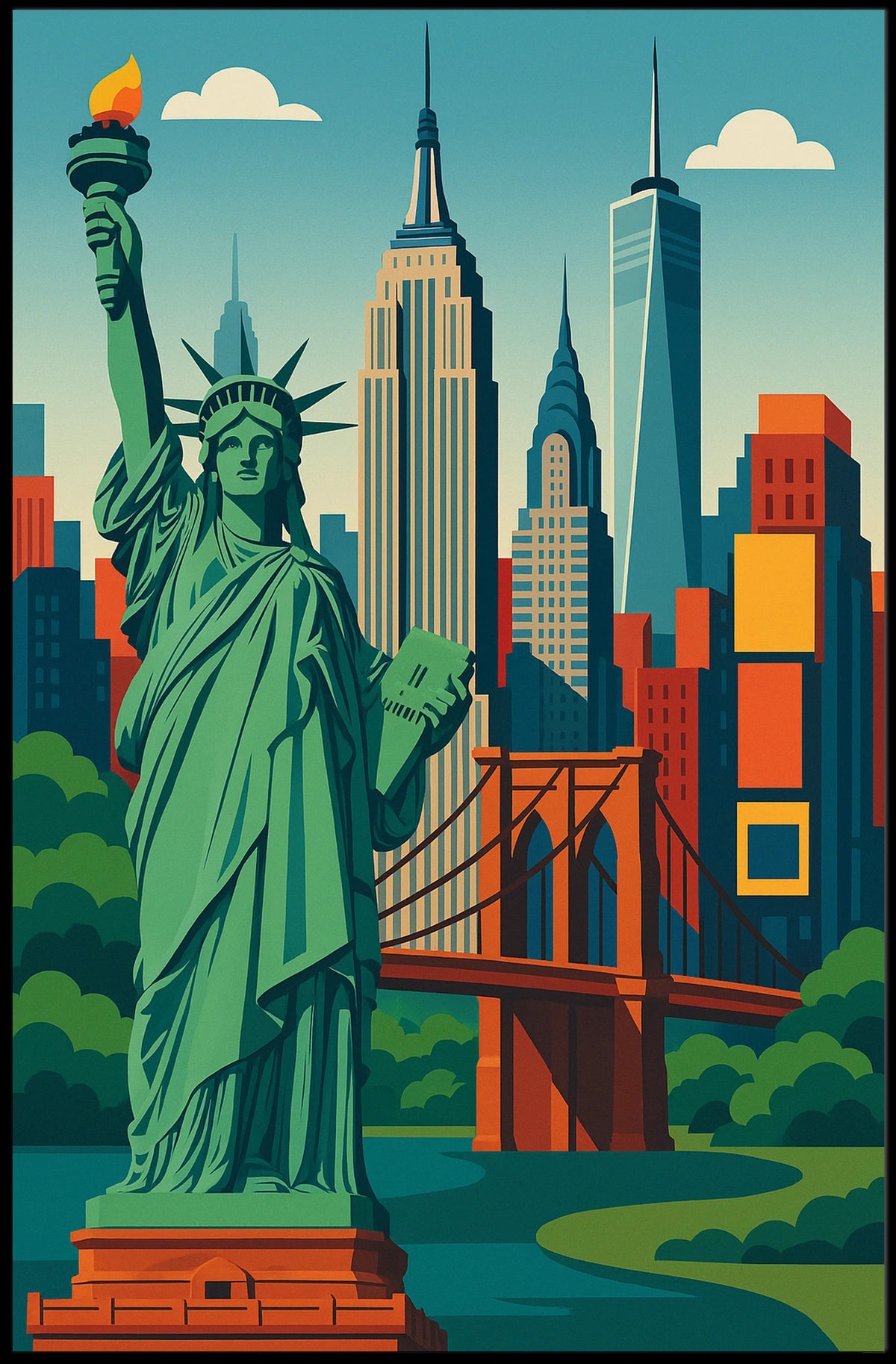 New York City Skyline Liberty Poster Retro Wall Art