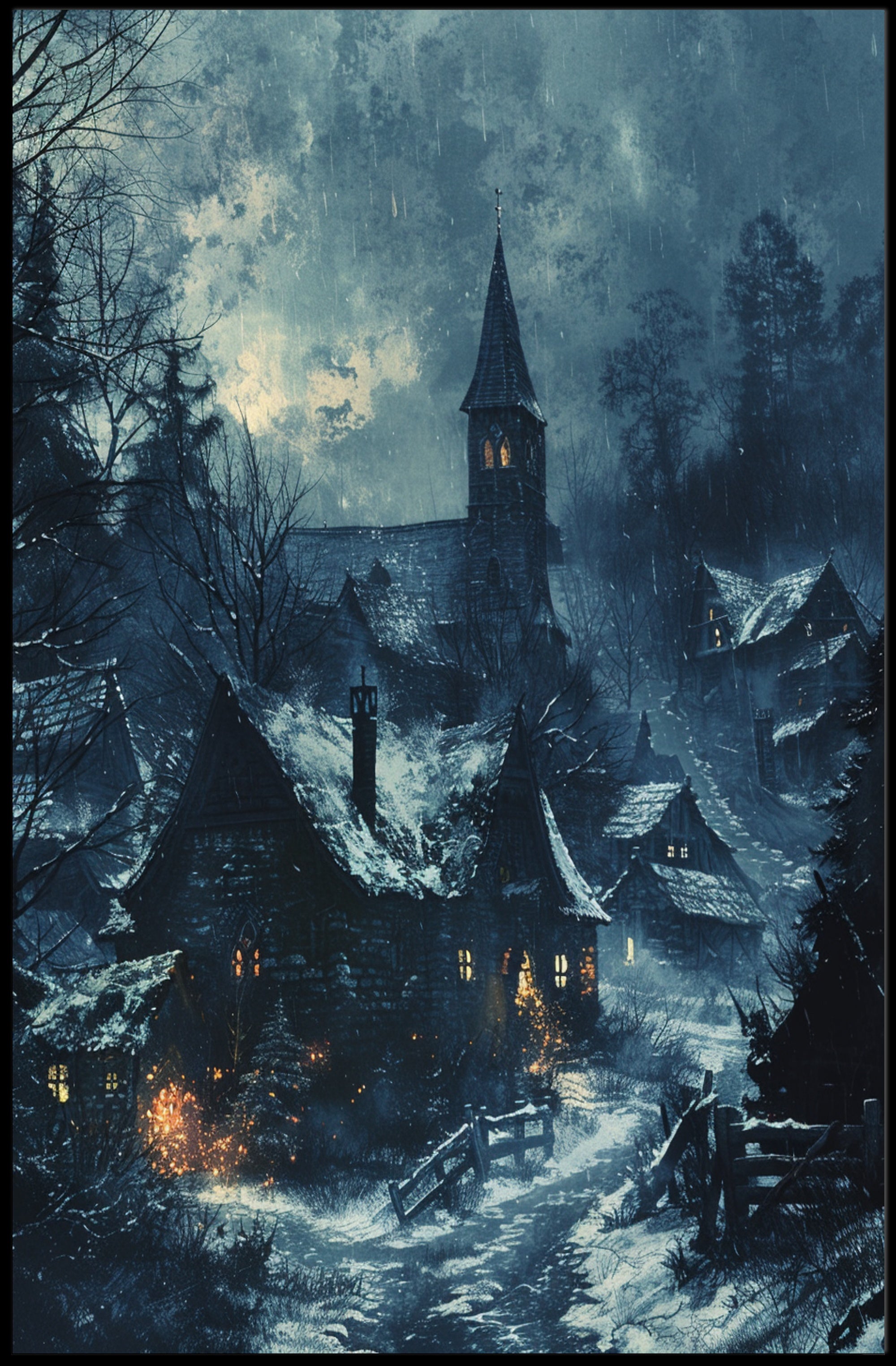 Mysterious Medieval Village Winter Scene Gothic Poster PosterGoat