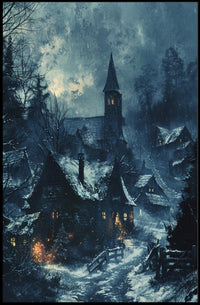Mysterious Medieval Village Winter Scene Gothic Poster PosterGoat