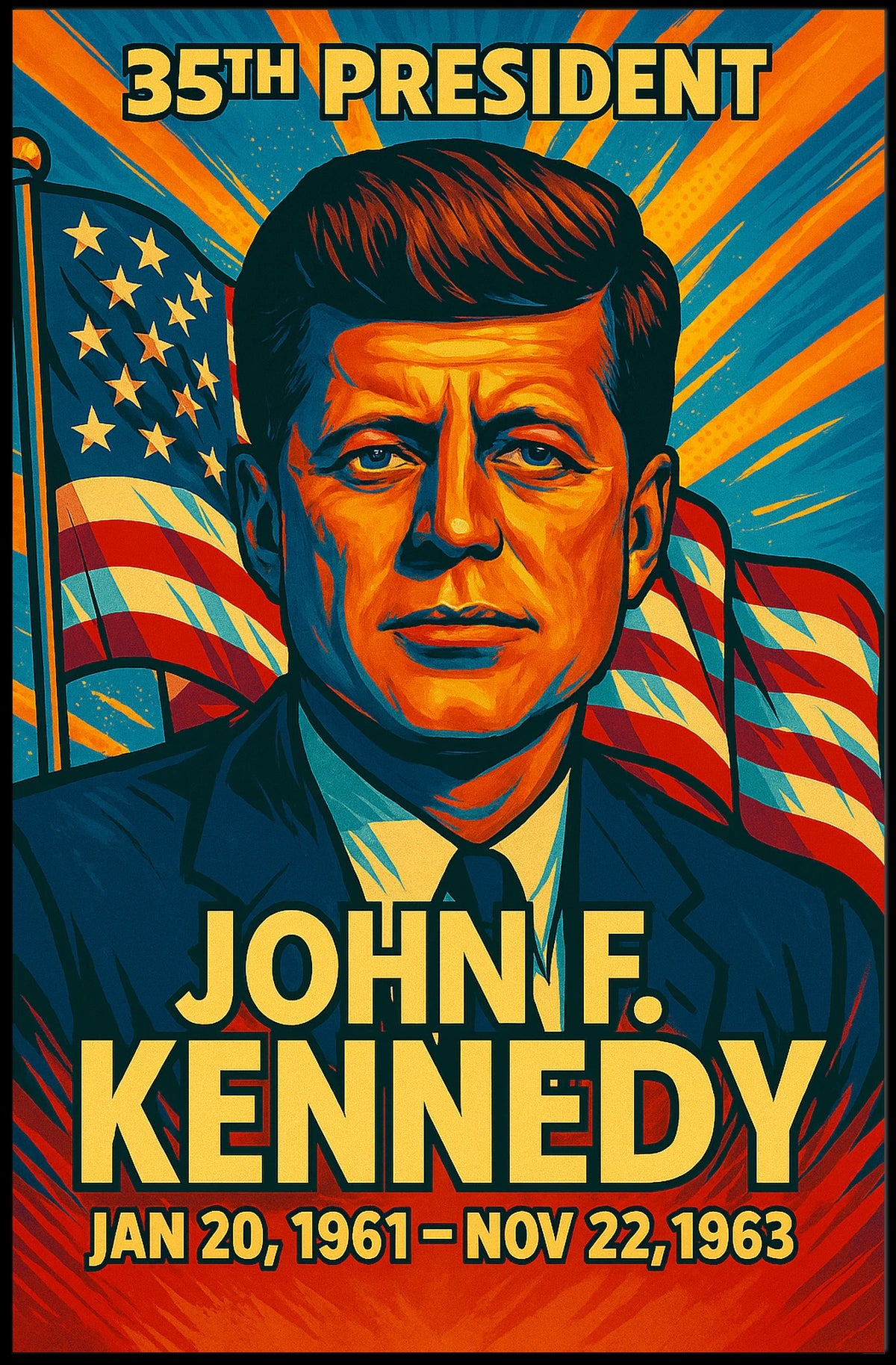 John F. Kennedy 35th President of the United States Colorful Comic Book Style Poster