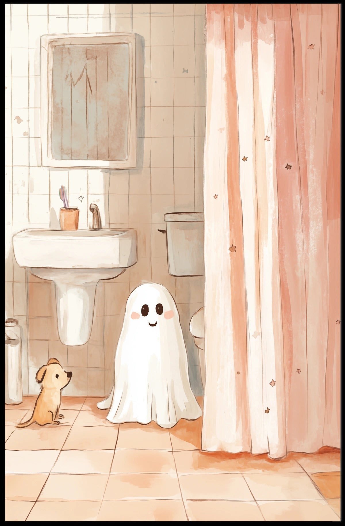 Ghost and Dog Bathroom Whimsical Illustration Cozy Poster