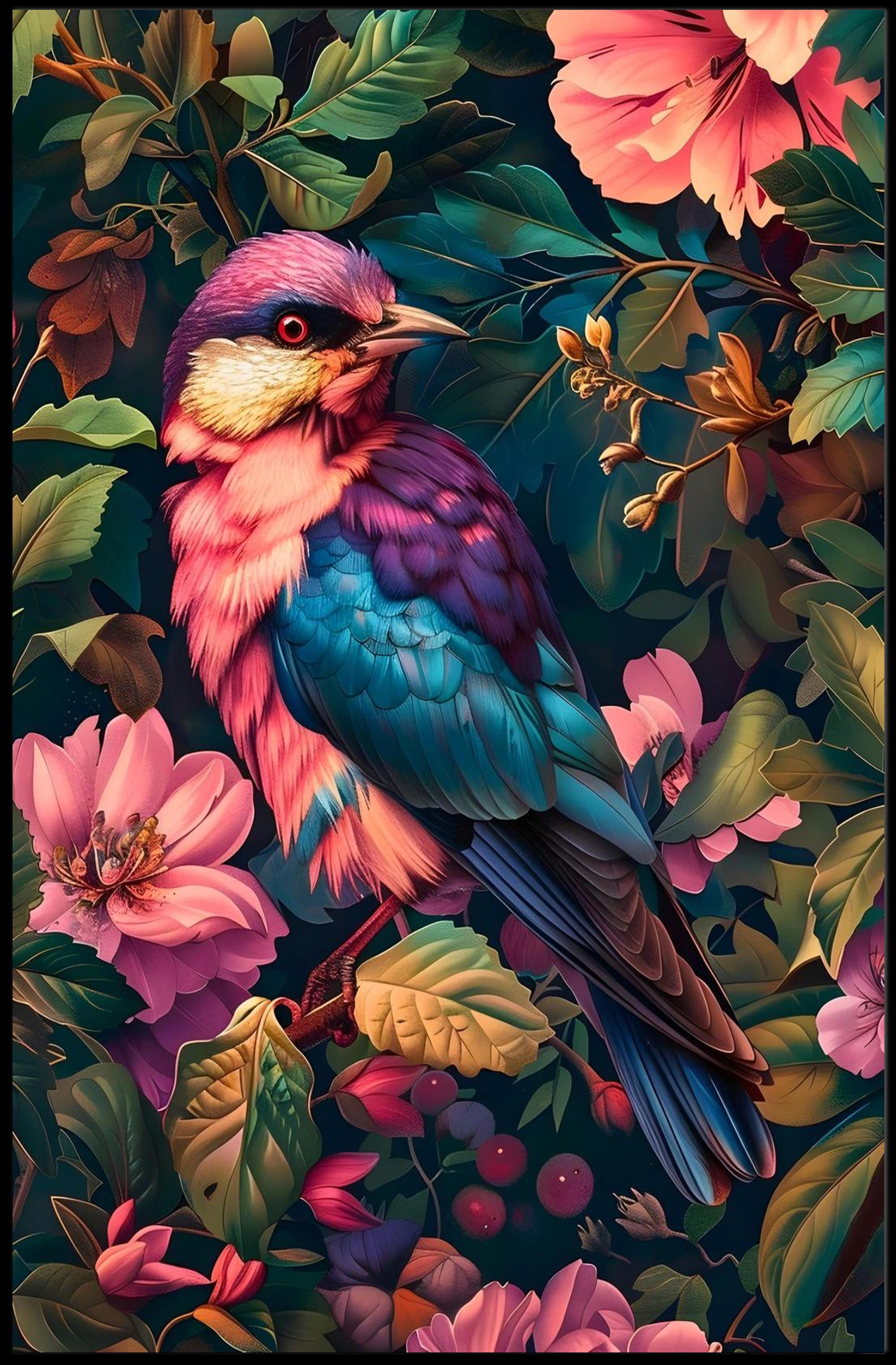 Vibrant Blue Pink Bird Perched Among Tropical Flora Poster