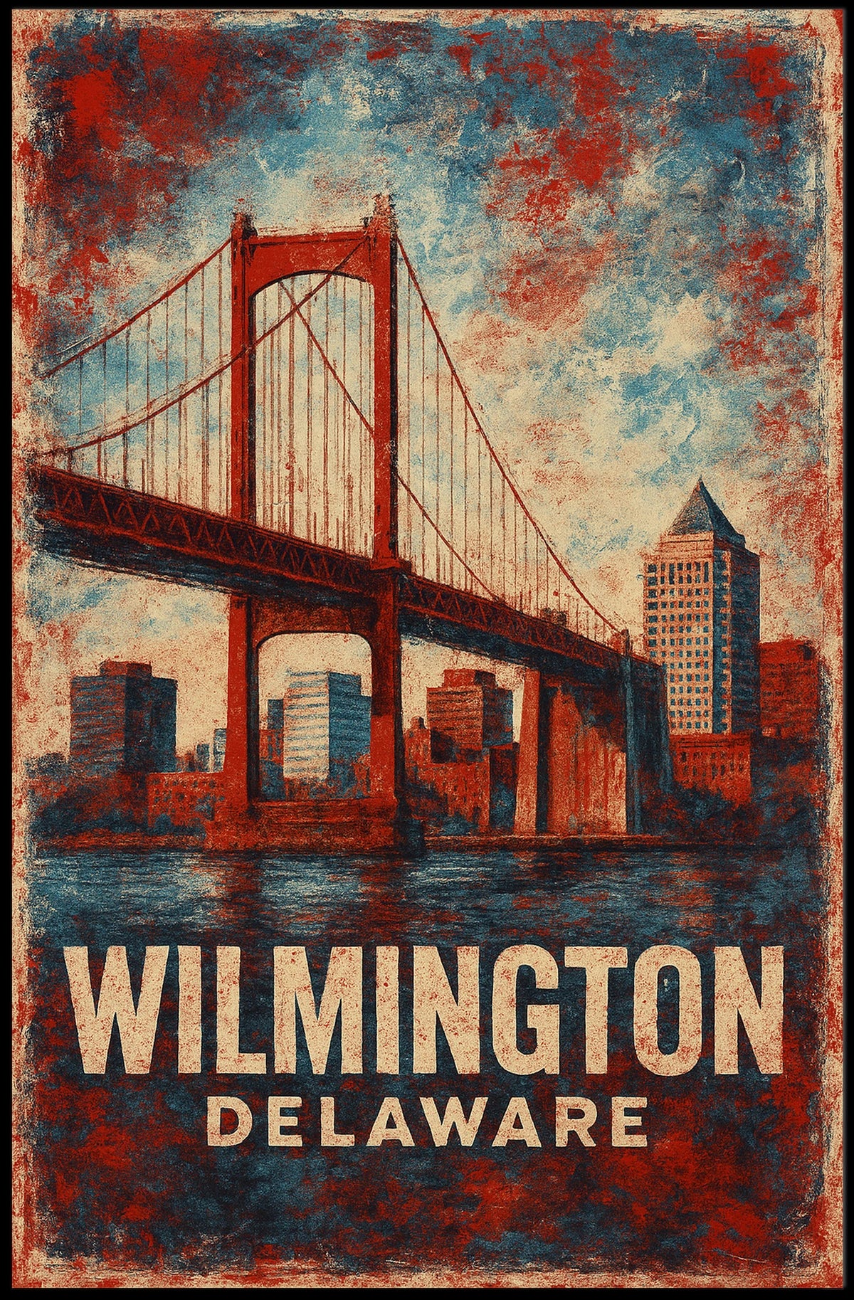 Wilmington Bridge Vintage Skyline Art Heritage Travel Cityscape Nostalgic Coastal Wall Decor Poster