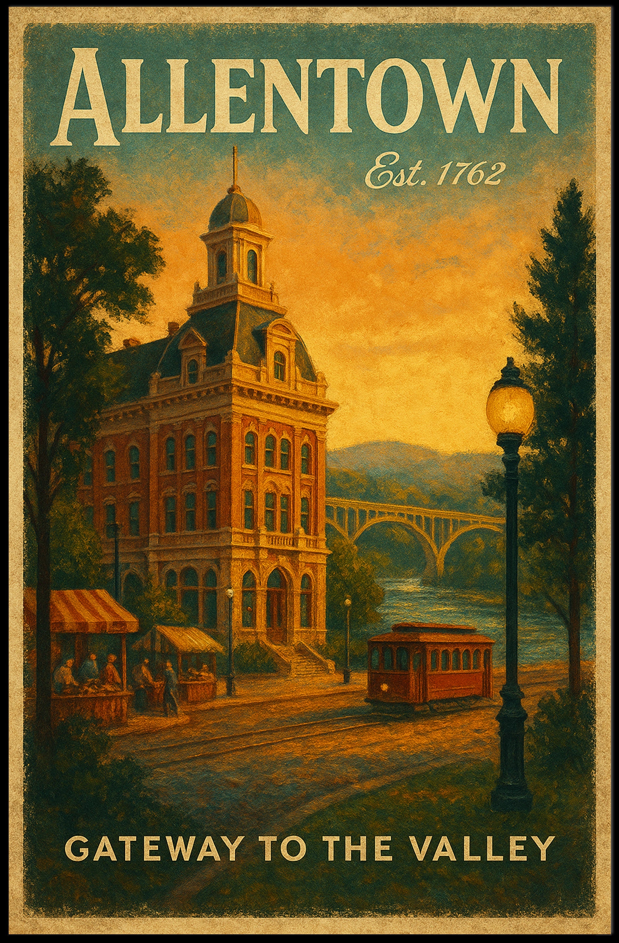 Historic Allentown Vintage Urban Cityscape Travel Poster