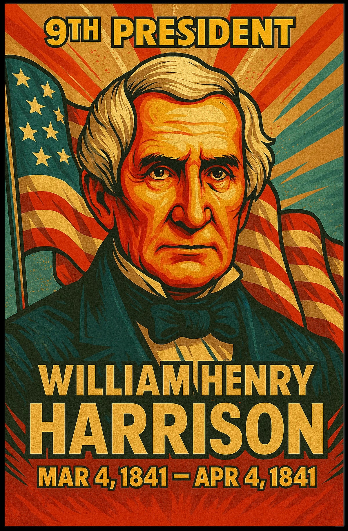 William Henry Harrison 9th President of the United States Colorful Comic Book Style Poster