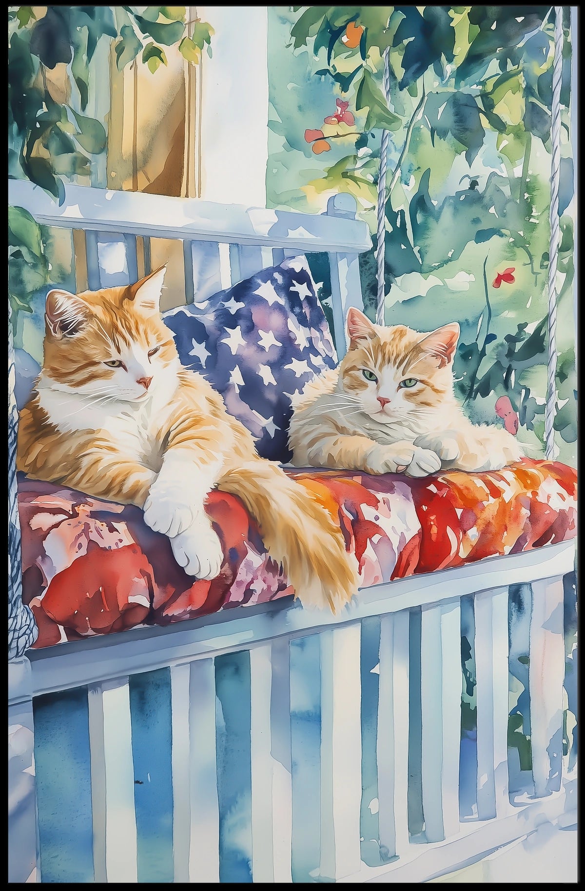 Two Cats Lounging On A Sunny Front Porch Swing Poster