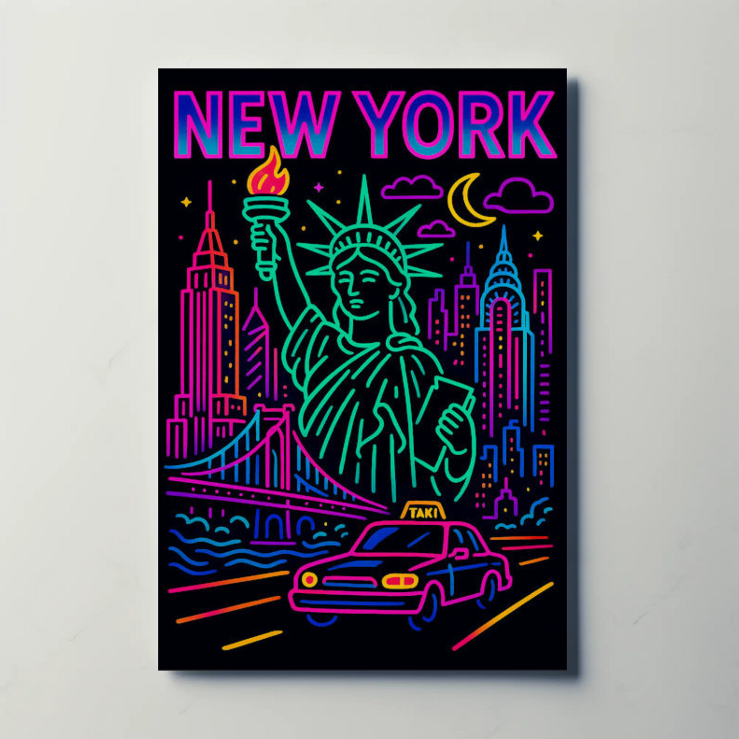 New York Neon Skyline Liberty Taxi Night Lights Travel Poster