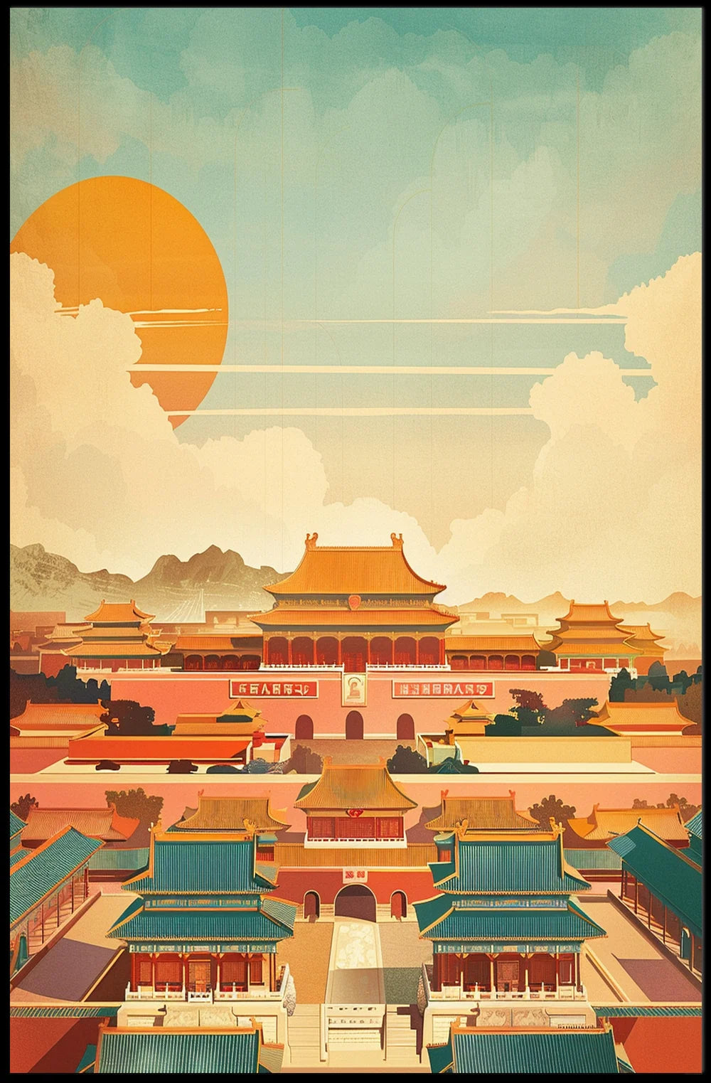 Classic Chinese Architecture: Art Poster with Vibrant Colors