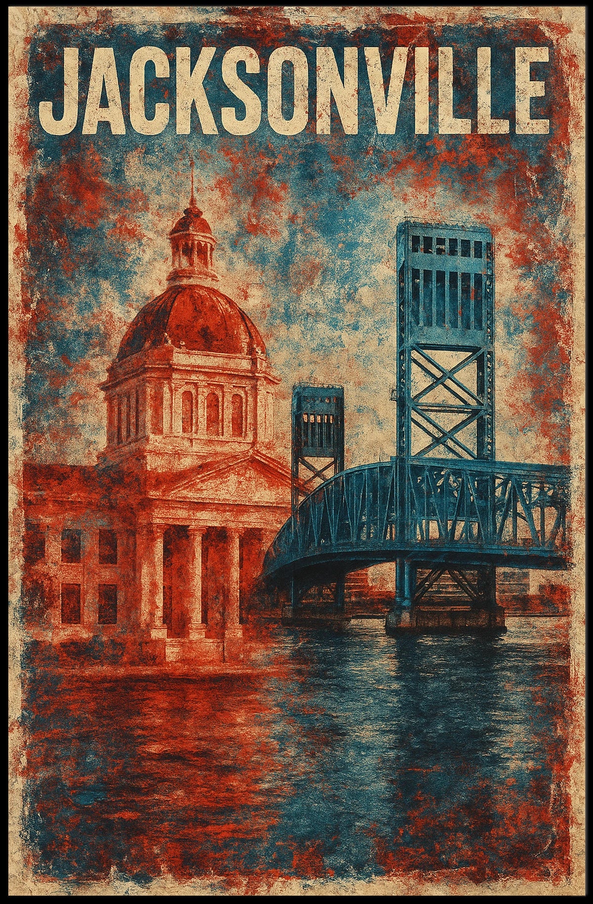 Jacksonville Landmarks Americana Cityscape Watercolor Florida Skyline Heritage Texture Patriotic Poster