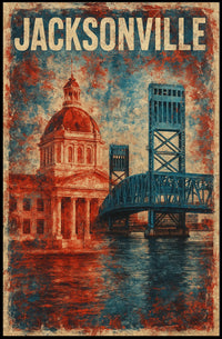 Jacksonville Landmarks Americana Cityscape Watercolor Florida Skyline Heritage Texture Patriotic Poster