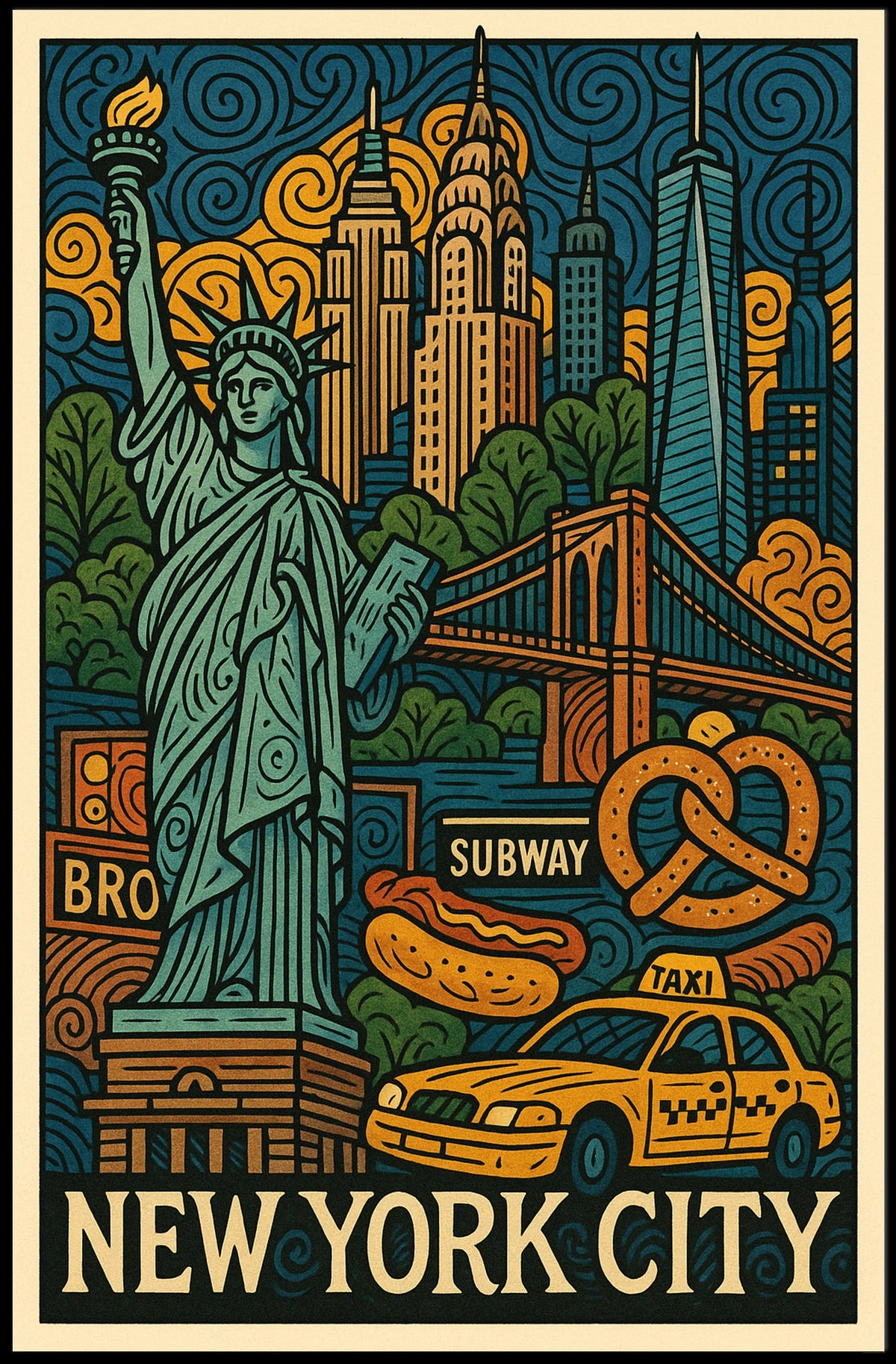 New York City Icons Vibrant Poster Modern Wall Art