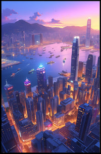 Futuristic Cityscape Poster: Neon Harbor at Dusk