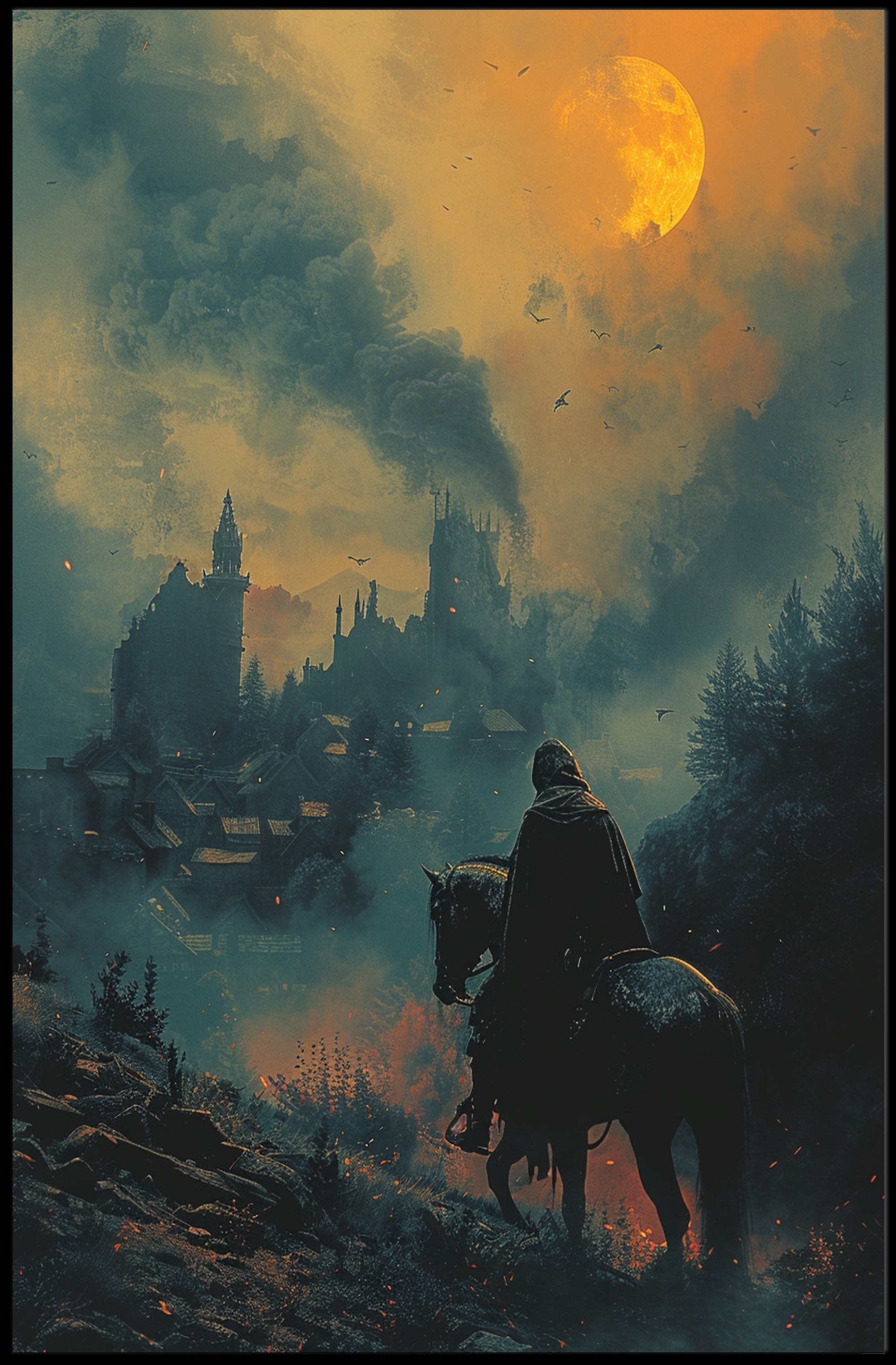 Mystical Horseman in Fiery Moonlight Fantasy or Mythology Poster PosterGoat